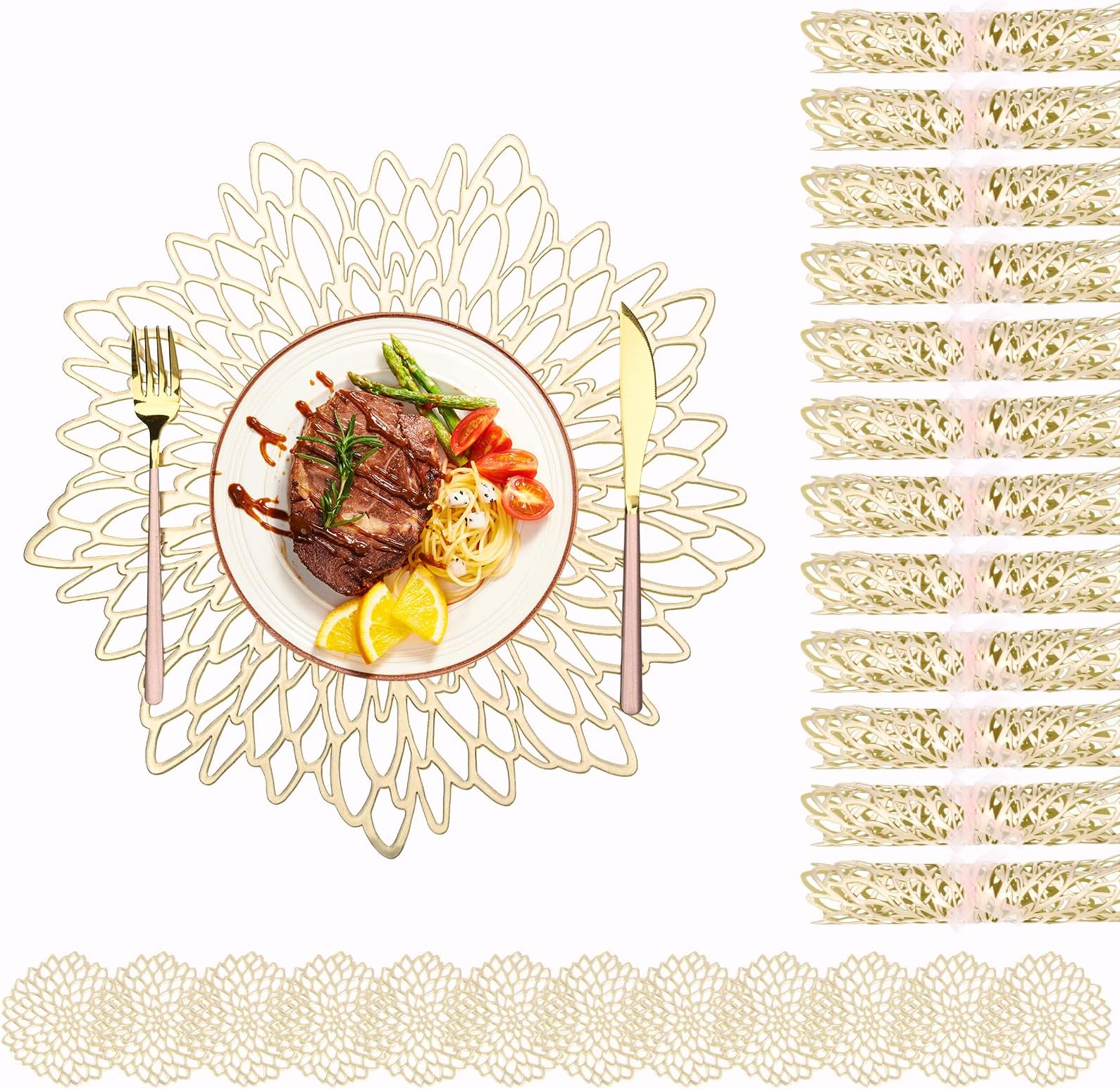 24 PCS Pressed Vinyl Placemats and Coaster Sets,Metallic Hollow Out Placemats,Gold Leaf PVC Wedding Table Place Mats Round Non-Slip Table Mats Outdoor Indoor Dinner(12Placemat and 12Coaster)