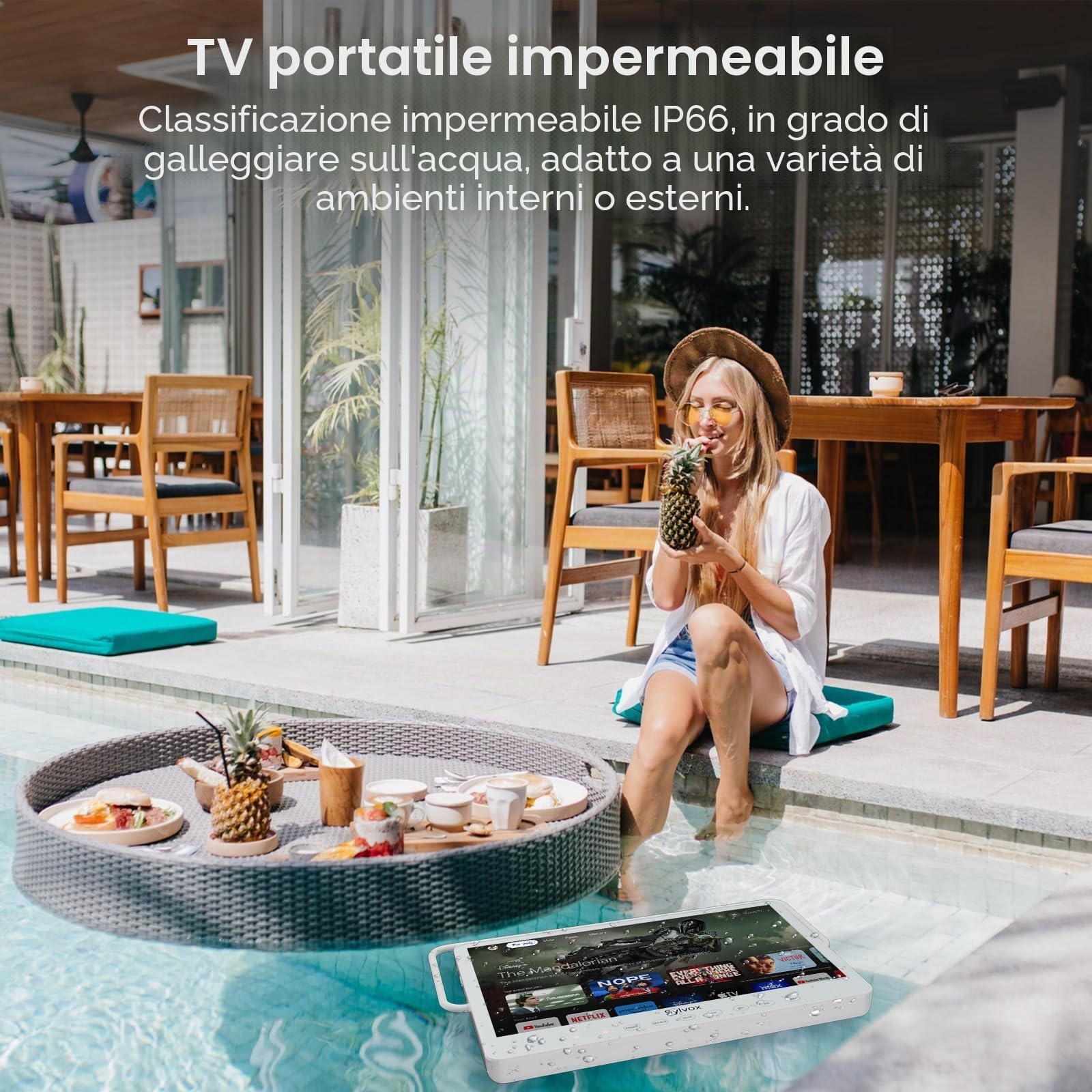 SYLVOX 15.6" Mini TV Portatile, 12V Google TV 1080P, IP66 Impermeabile | TV Regolabile a 360°, Ricaricabile 10000mAn (Lavoro 4-6 Ore), DVB-T2/S2 HEVC 10, WiFi e bluetooth per Camper/Bagni/ Cucine