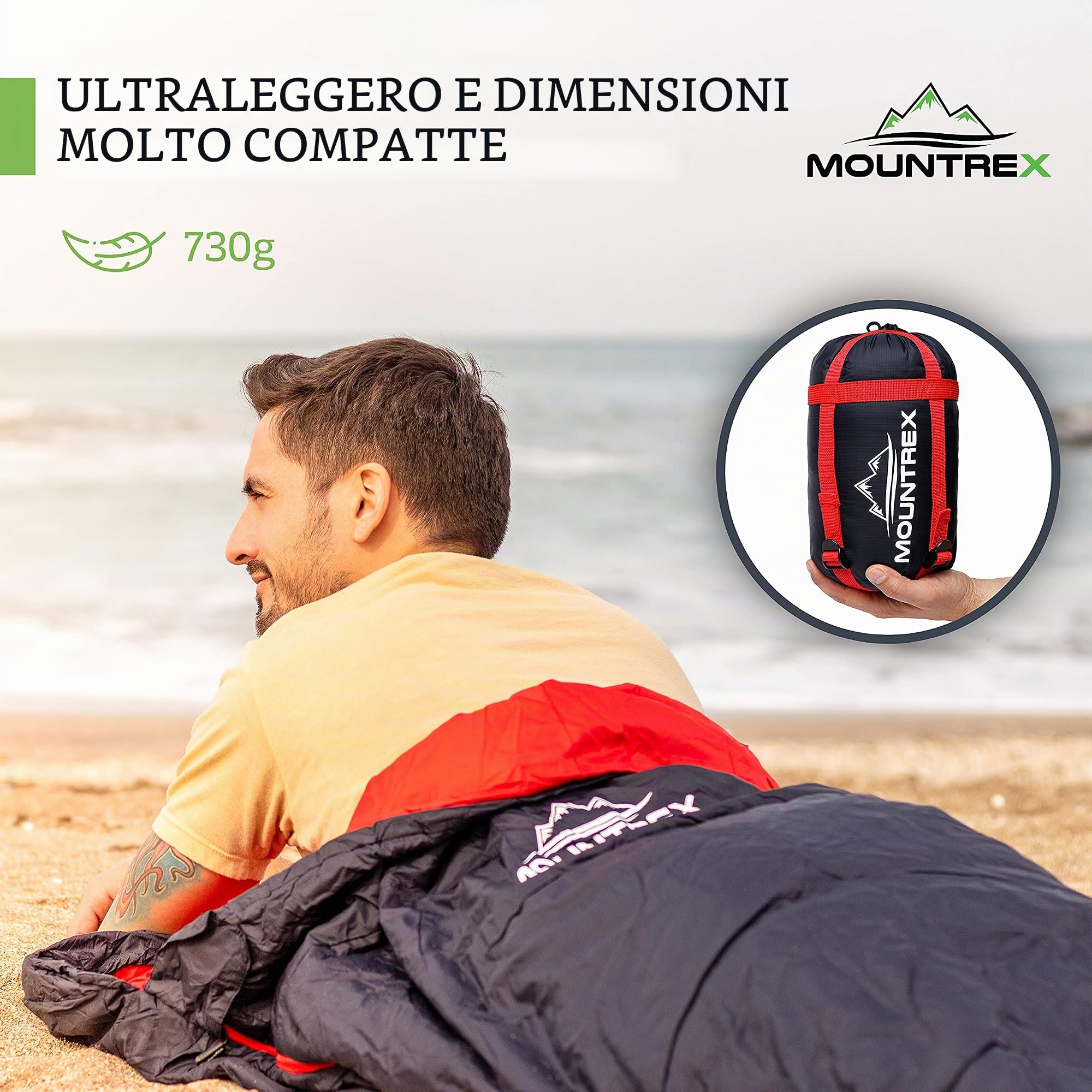 MOUNTREX® Sacco a pelo – piccolo ingombro & ultraleggero (730 g) – Sacco a pelo estivo – per attività all'aperto – campeggio, viaggi, festival – accoppiabile