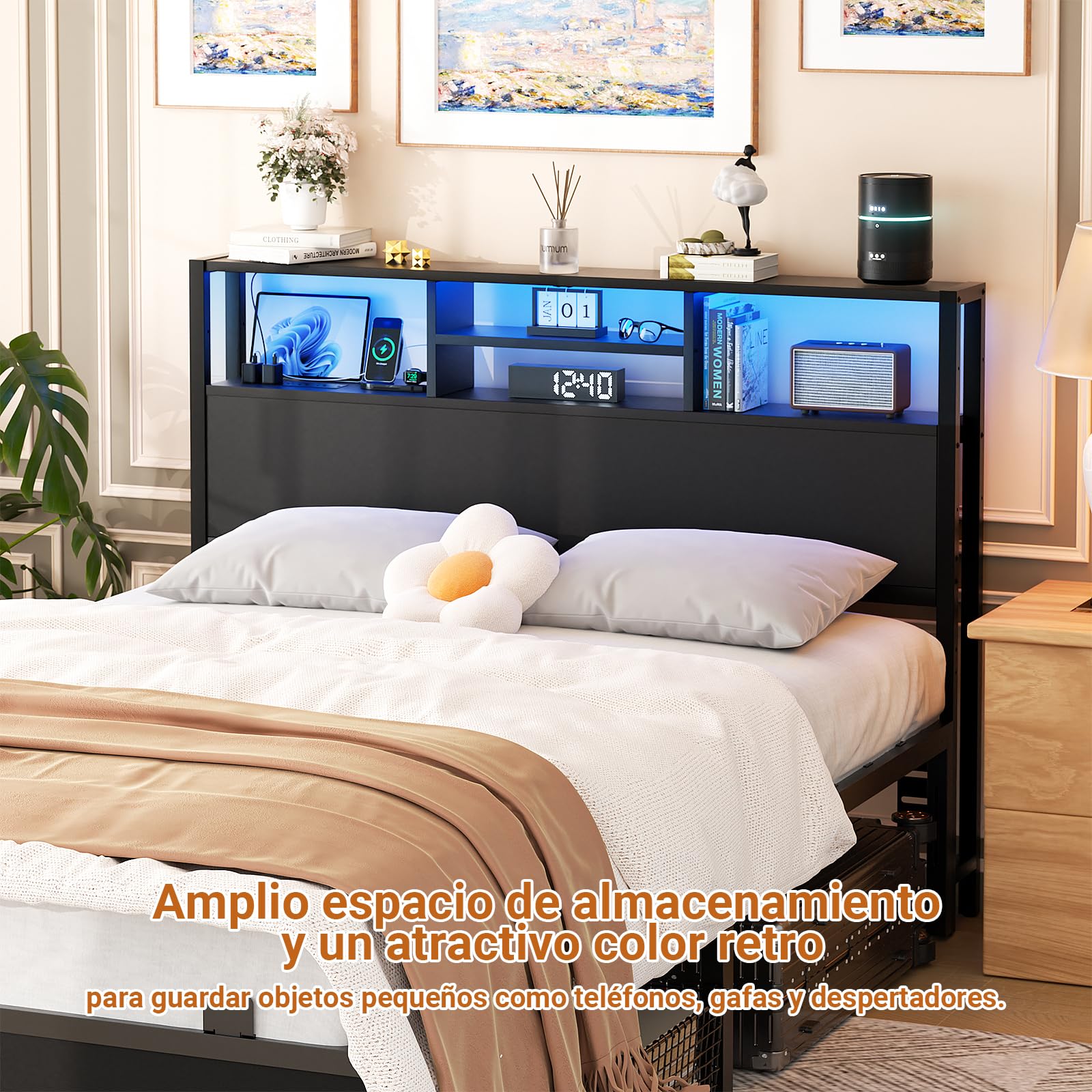 iSunirm Cabecero 140 cm con estantes de Almacenamiento, con enchufes, Puertos USB y Pype C, luz LED, Solo cabecero, Altura Ajustable, Reversible, Resistente y Estable, Negro