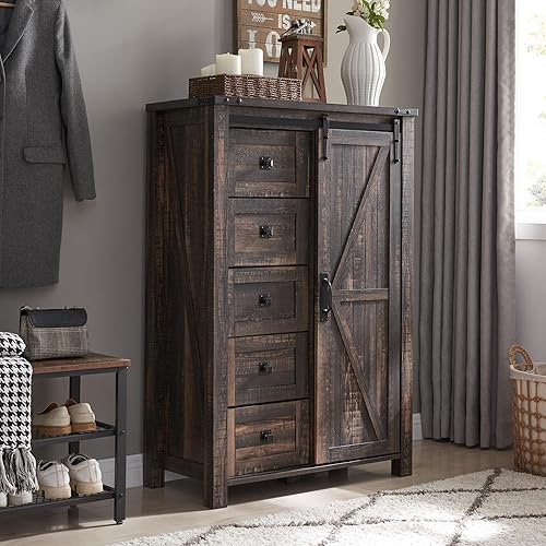 5 Drawers Dresser for Bedroom w/Sliding Barn Door, Farmhouse Modern