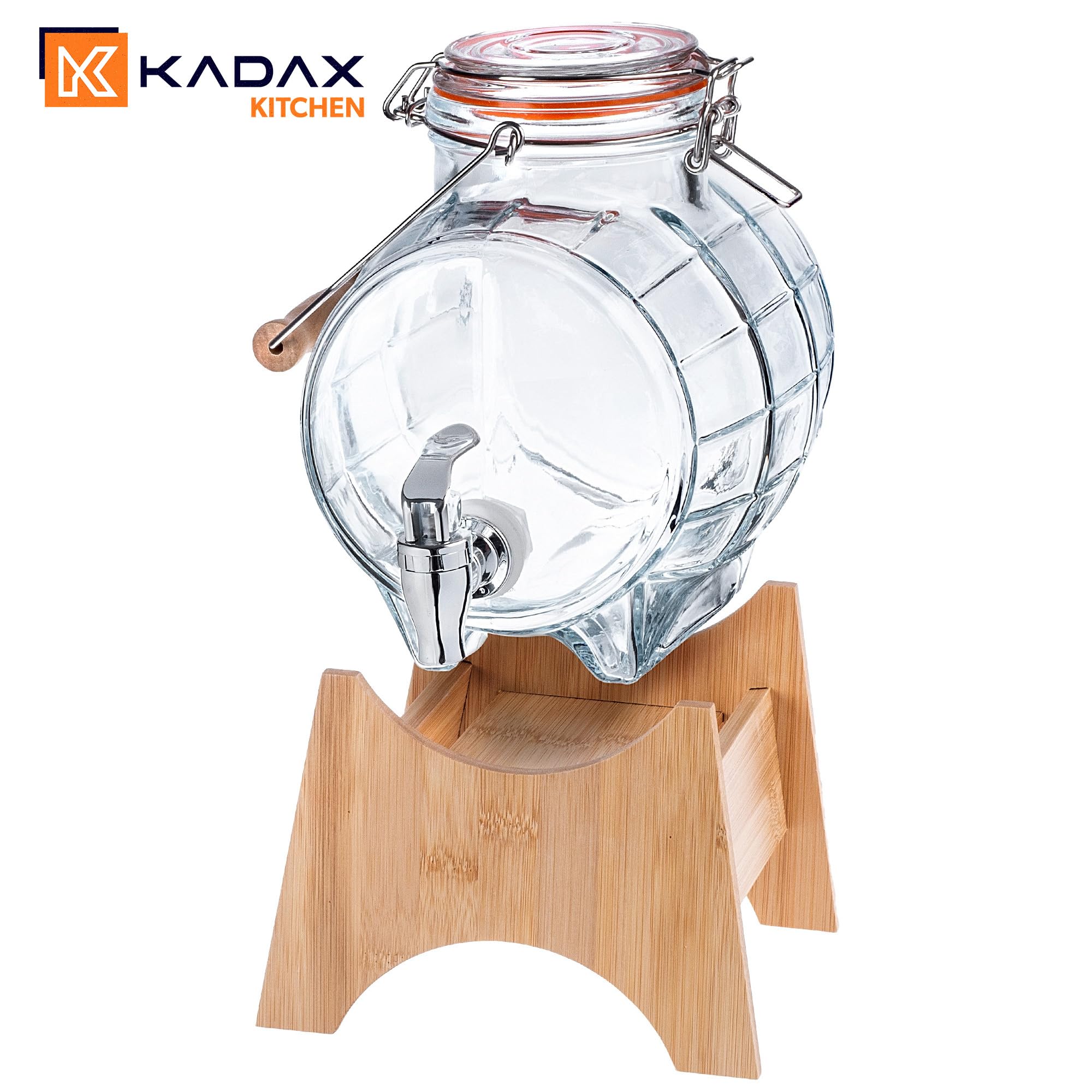 KADAX Fass 3L mit Hahn, fassförmiger Getränkespender aus Glas mit Zapfhahn, transparenter Spender mit Holzuntersatz, Alkoholspender ideal für Whisky, Brandy, Säfte (Modell 1)