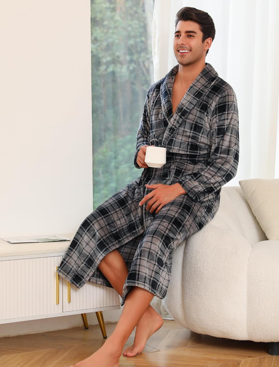 ENJOYNIGHT Mens Plush Fleece Robe Cozy Warm Bathrobe with Pockets - Image 4