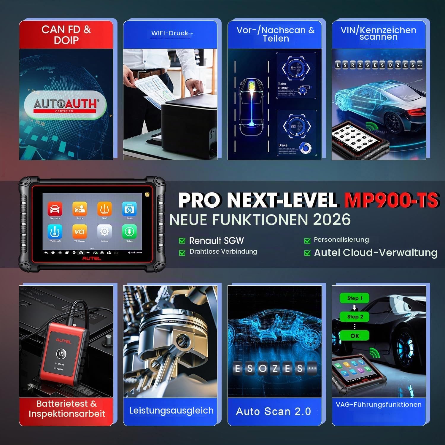 Autel MaxiPRO MP900-TS OBD2 Diagnosegerät, ECU Codierung, 40+ Service | 2026 TPMS ab MaxiSYS MS906TS MP900-BT MK900-TS, Top TPMS als MS906 Pro-TS, Bidirektionale Steuerung, Alle Systeme, CANFD&DOIP