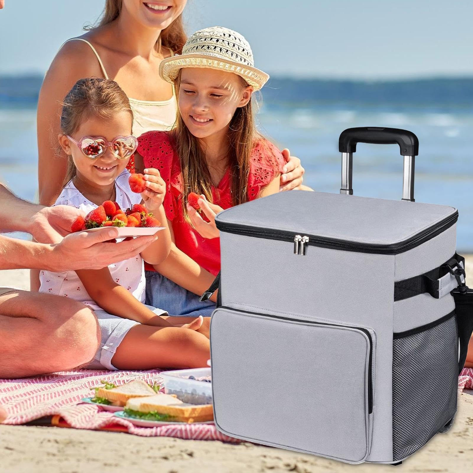 Borsa Frigo con Ruote Borsa Termica Morbida | Borsa Termica 35L Impermeabile con Maniglia e Carrello per Viaggio Spiaggia Campeggio Shopping Picnic
