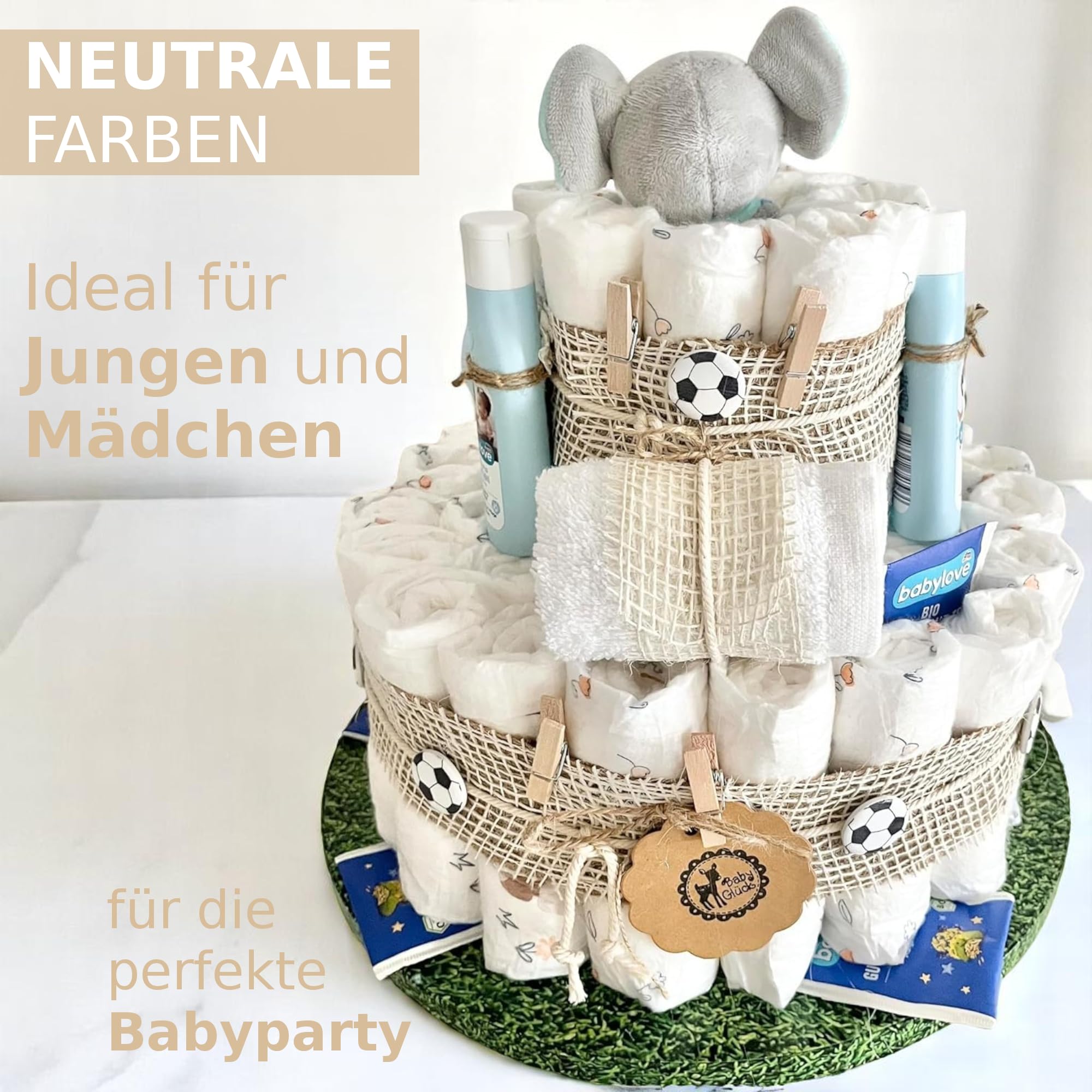 Windeltorte Fußball mit Elefant Socken Schnuller Löffel und mehr, für Jungen & Mädchen, Babytorte für Babyparty Babyshower Gender-Reveal, Namen personalisierbar, Baby Party Deko Dekoration