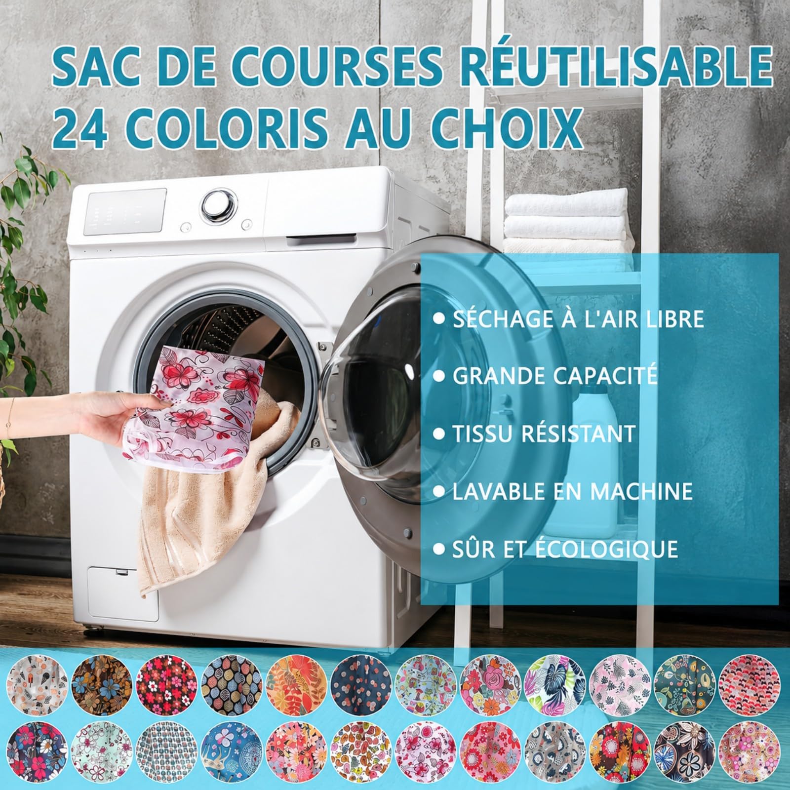 Lot de 24 Sacs Shopping Pliables Réutilisables, Grands Cabas Étanches et Lavables avec Pochette, Sacs Écologiques pour Femmes, Courses, Voyage et Activités en Plein Air - Motifs Floraux