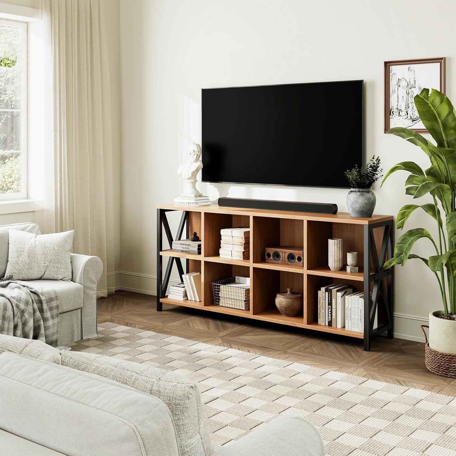 63" 8 Cube Horizontal Bookshelf Long Bookshelf Wood Cube Storage Organizer Rustic Wood Cubby Bookcase for Living Room Walnut