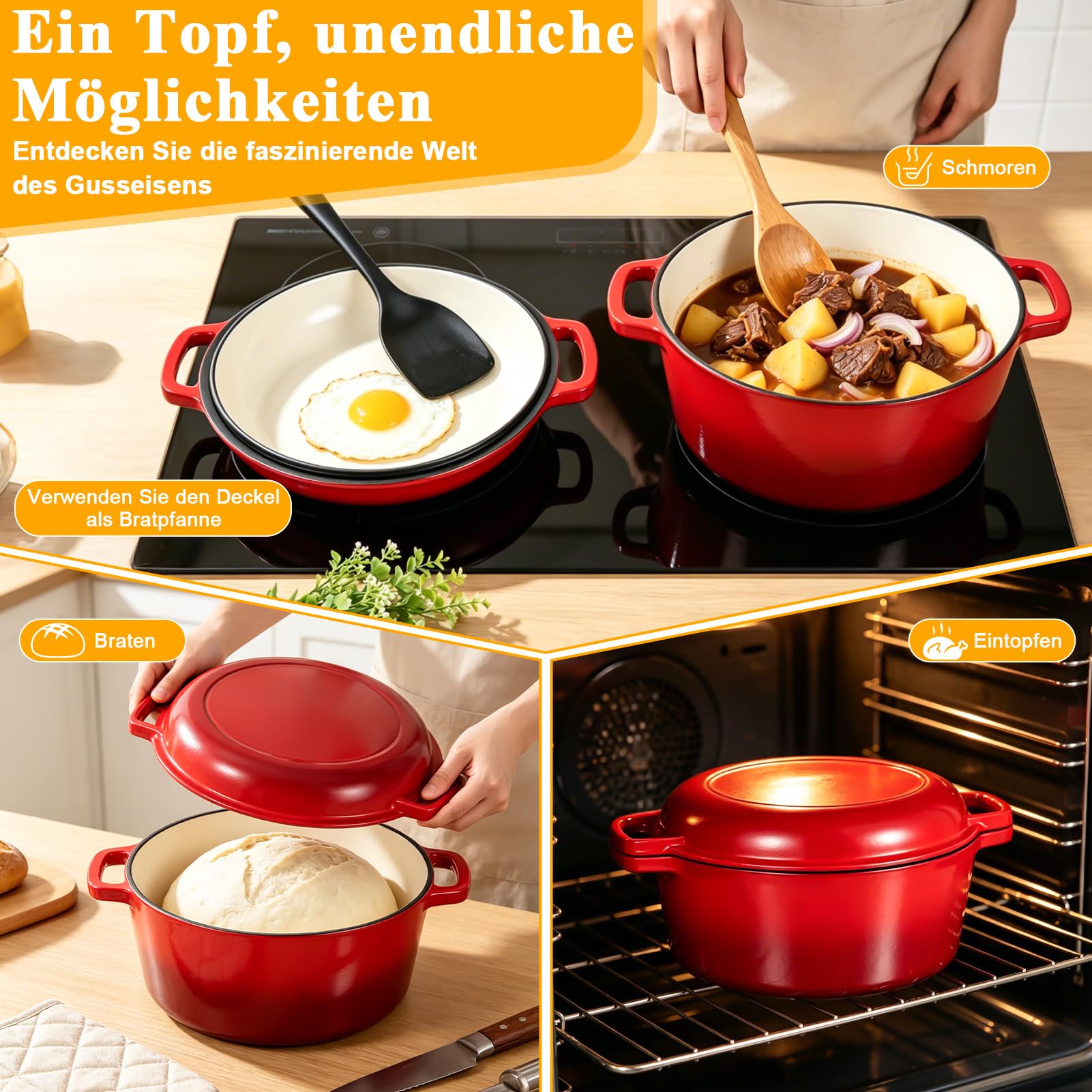Gusseisen Topf Brot Backen, 5,7L Bräter Emaille Schmortopf mit Deckel und Griffen, 26 cm Dutch Oven, Brotbacktopf für Selbstgemachte mit Zwei-in-Eins-Emaillebeschichtung