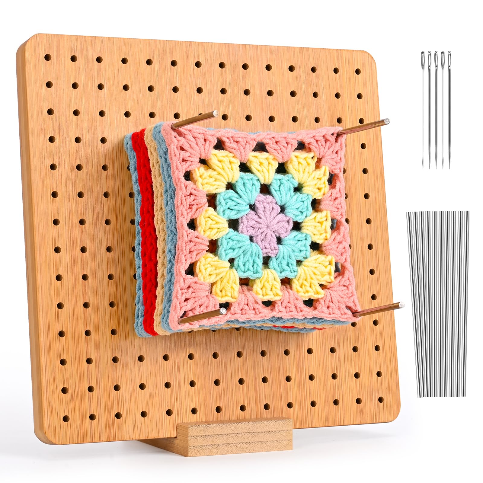 Larkumio Crochet Blocking Board and Pins, 7.9 Inch Granny Square Blocking Board for Crochet with 10 Steel Rod & 5 Knitting Needles, Wooden Peg Boards Blocking Mats for Knitting