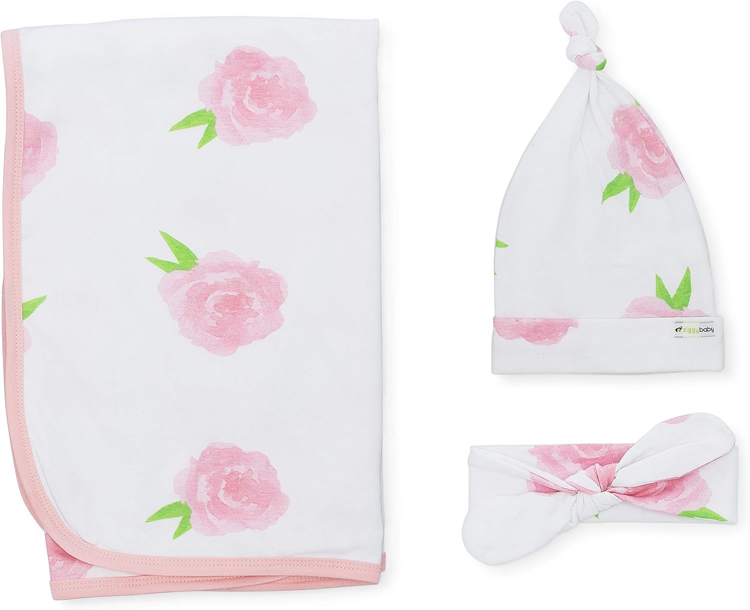 Ziggy Baby Peony & Heart 5 Piece Blanket, Hat and Headband Collection Pink White