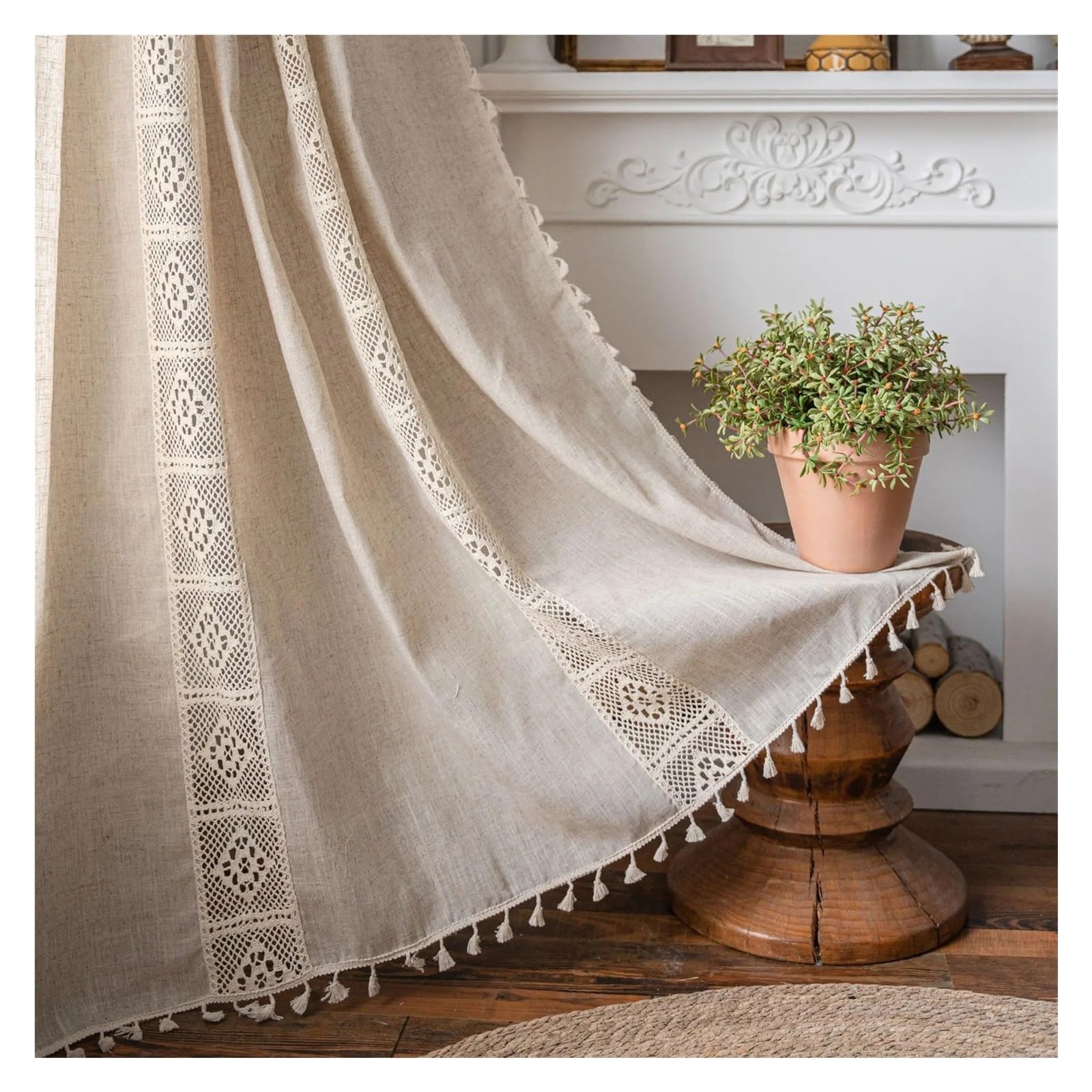 Leinenmischung Jute Spitzenvorhänge Quaste for Küche Schlafzimmer Wohnzimmer Fenster Schrank Vorhang(A,Rod Pocket_W150XH140CM)