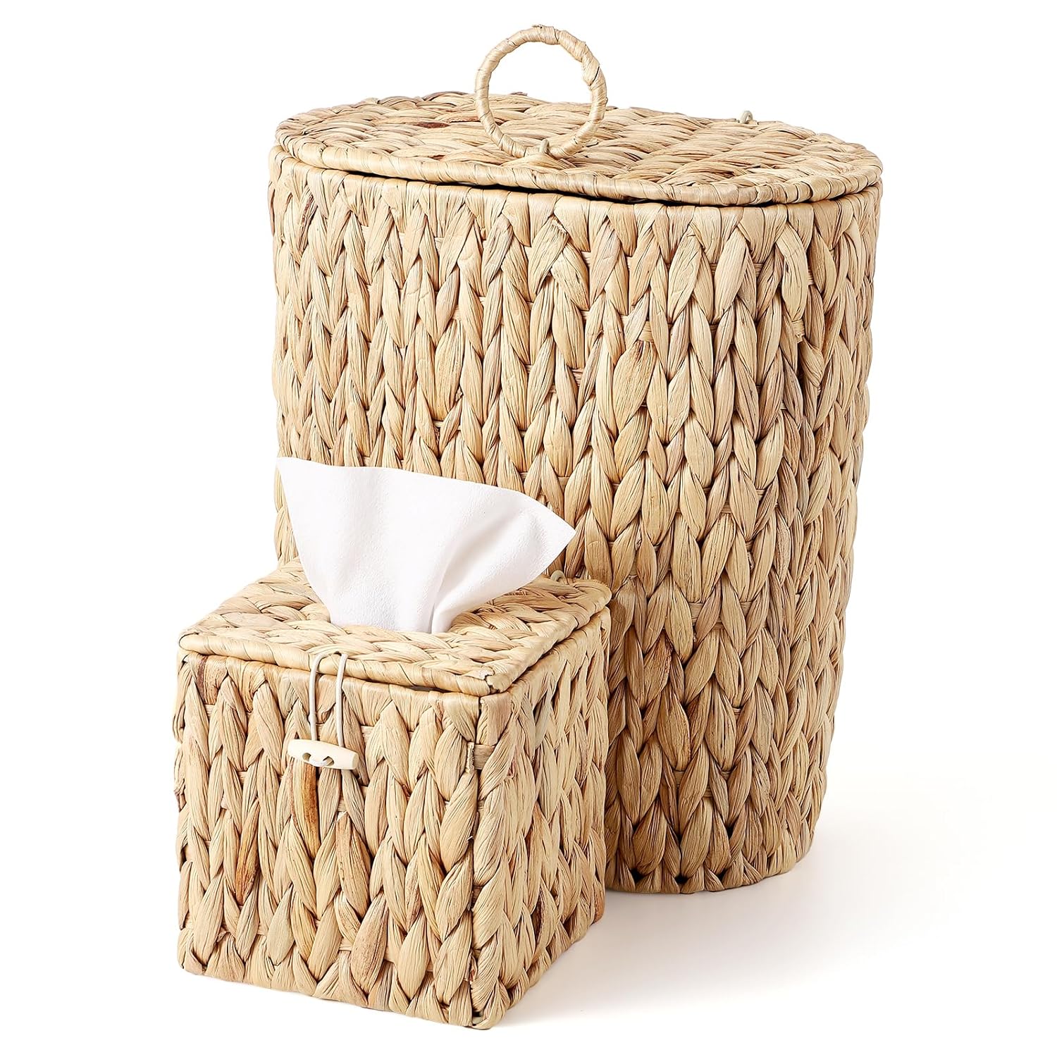 BSSN Boho Wicker Trash Can with Lid and Tissue Box Holder, Water Hyacinth Bathroom Small Waste Basket, Rattan Garbage Wastebasket with Lid for Bedroom,Toilet