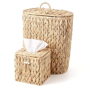 BSSN Water Hyacinth Wicker Trash Can with Lid and Tissue Box Cover Set, 4 Gallon Rattan Bathroom Wastebasket, Boho Bathroom Accessories for Bedroom, Toilet, Office, Natural