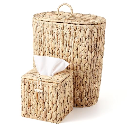 BSSN Boho Wicker Trash Can with Lid and Tissue Box Holder