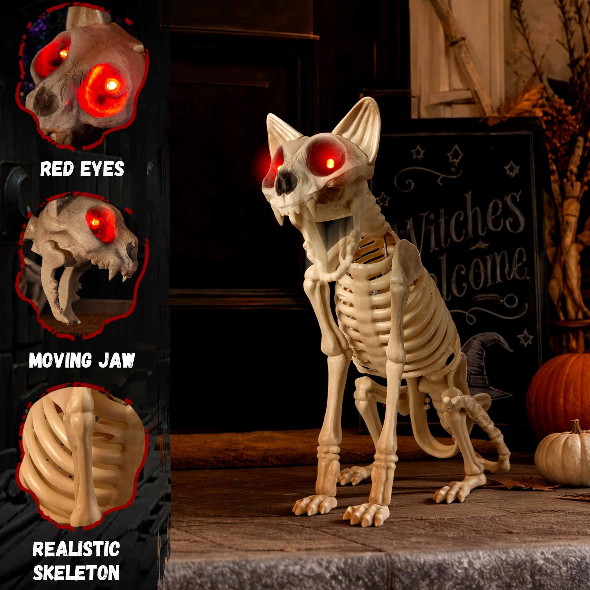 Halloween Animatronic Scheletro Gatto 38 cm, suono e tocco attivato decorazione di Halloween con mascella mobile, occhi rossi luminosi e suono spettrale, puntello animato per casa infestata, cortile