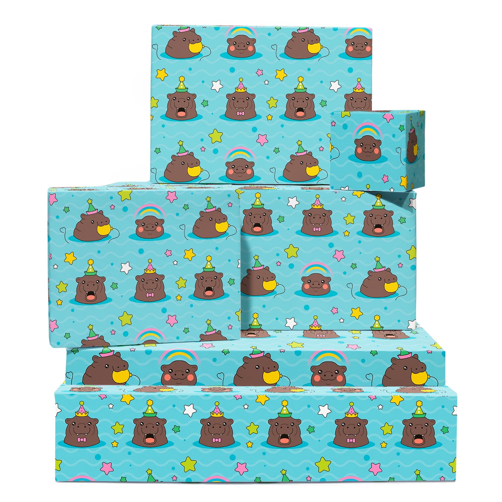 Blue Wrapping Paper - 6 Sheets Of Birthday Gift Wrap - Hippo Swimming - Hippopotamus, Star, Rainbow - For Men Women Kids - Comes With Stickers - By Central 23