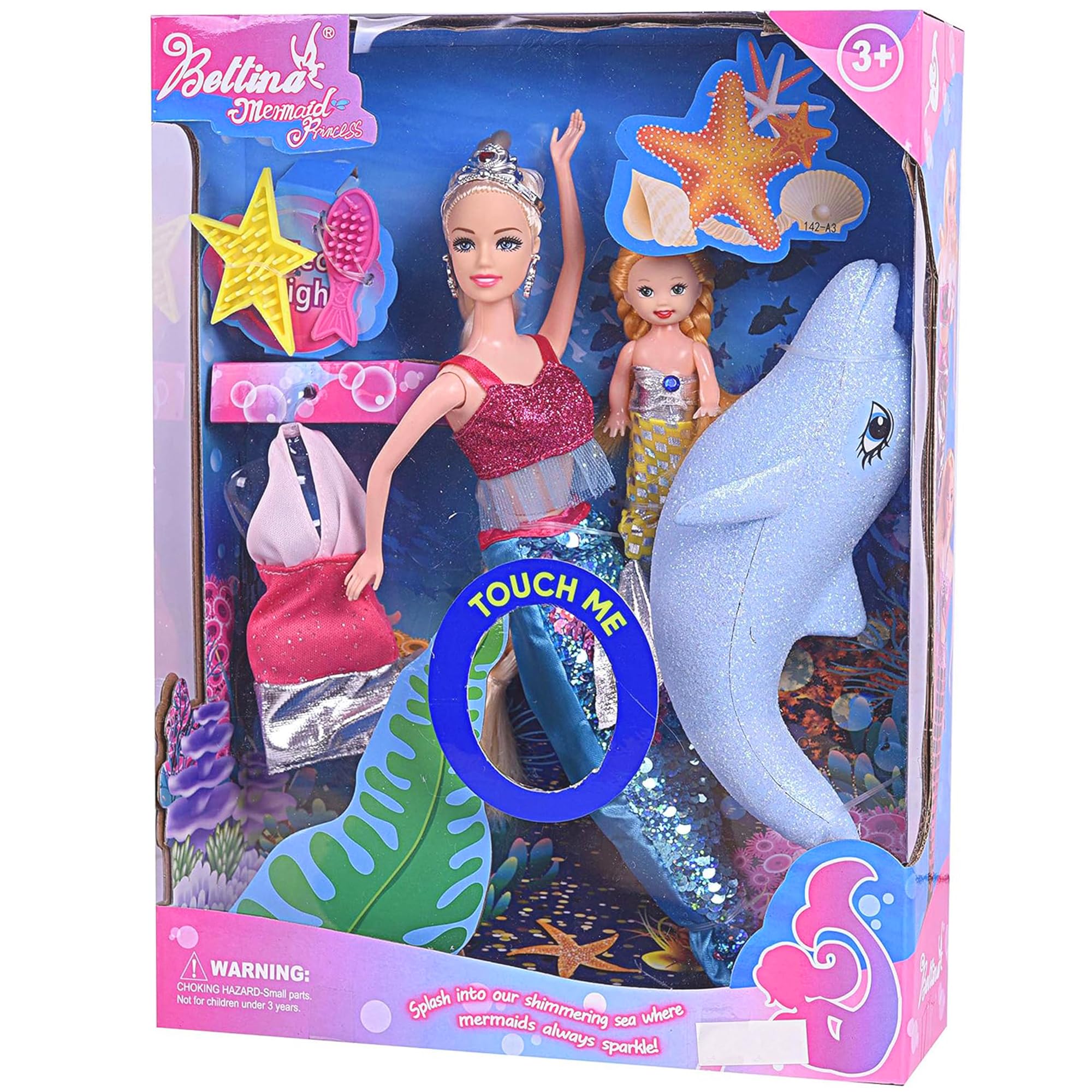 Yellow River Mermaid Princess Doll Playset, Color Changing Mermaid Tail by Reversing Squins, 12" Fashion Dress Doll with 3" Little Mermaid Dolphin and Accessories, Mermaid Gift for Girls