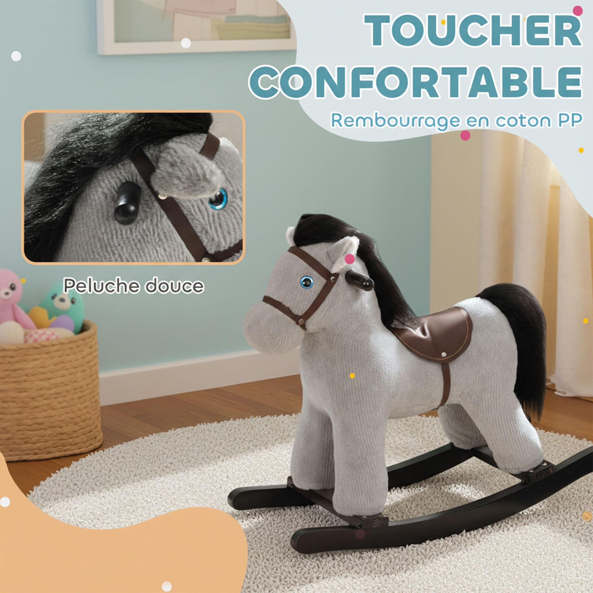AIYAPLAY - Caballo mecedor para niños con efecto de sonido, juguete para bebé de peluche, muñeca y asa, regalo para niñas y niños de 2 a 5 años, color gris