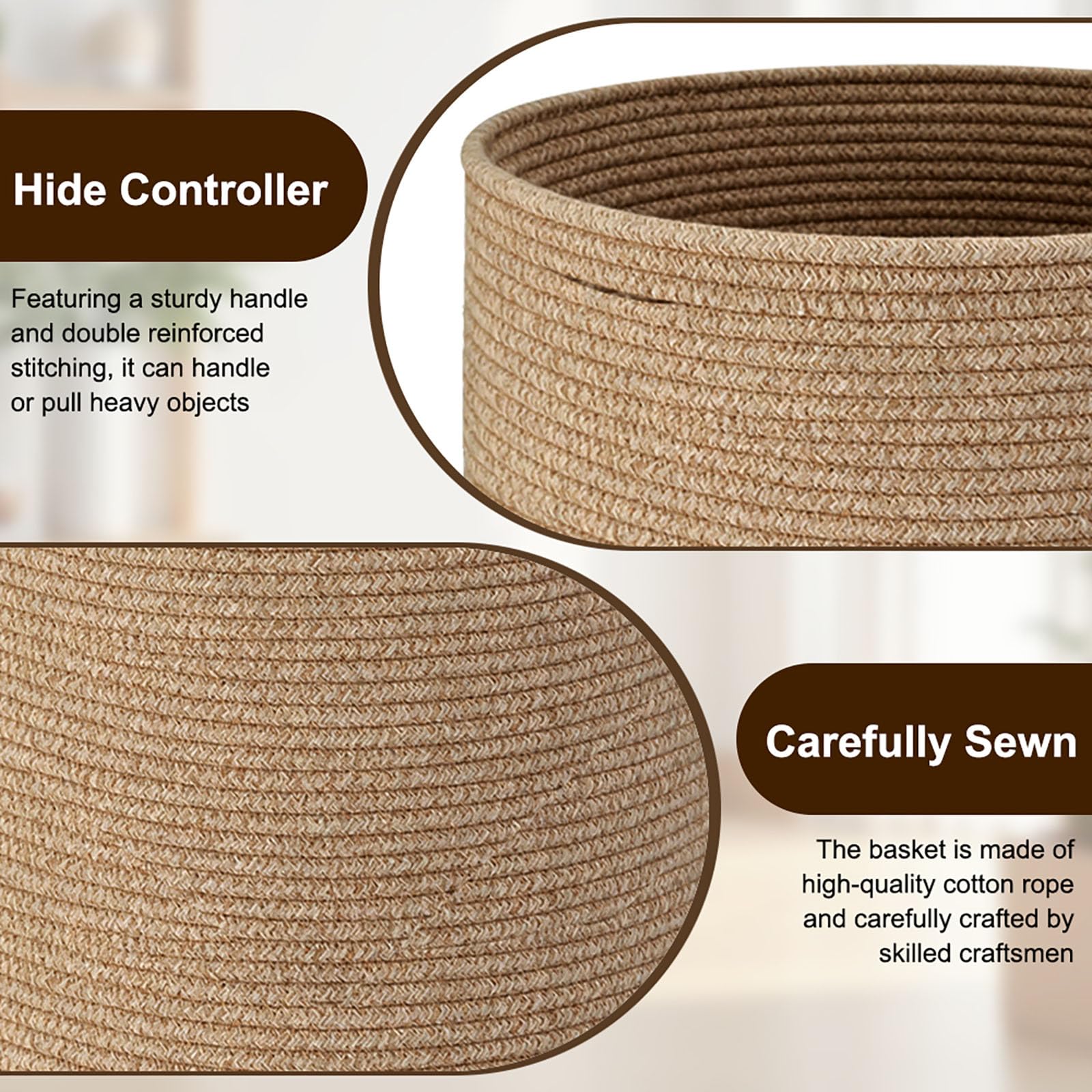 LUPATDY Cestino Portaoggetti in Corda di Cotone, Cesto Portabiancheria 40x35 cm con Manici, Cesto Organizzatore per Giocattoli, Abiti, Coperte, per Nursery, Soggiorno, Camera da Letto (Caramello) - 4