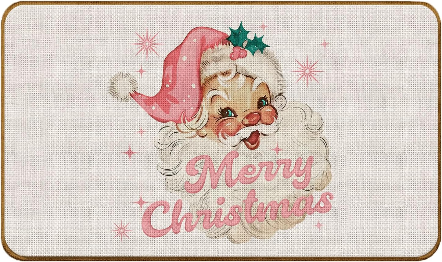 Pink Christmas Santa Doormat - Merry Christmas Non-Slip Door Mat for Front Door Outdoor Bathroom Girl Room Dorm Decor - 17x30inch