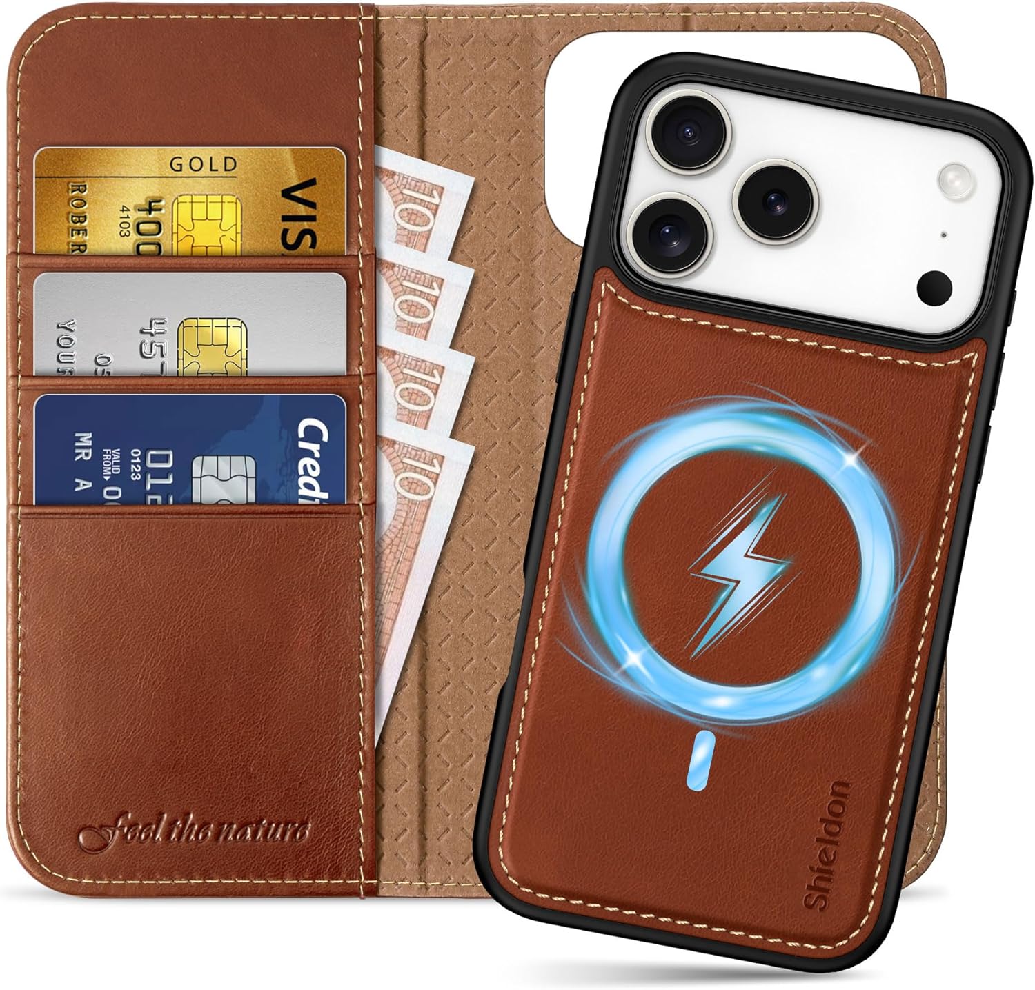 SHIELDON 2-in-1 Genuine Leather Case Wallet for iPhone 17 Pro Max 6.9" | Wireless Charging, Detachable, Magnetic, RFID Blocking Card Slot, Kickstand, Shockproof Protective Cover 2025 - Retro Brown for iPhone 17 Pro Max Retro Brown