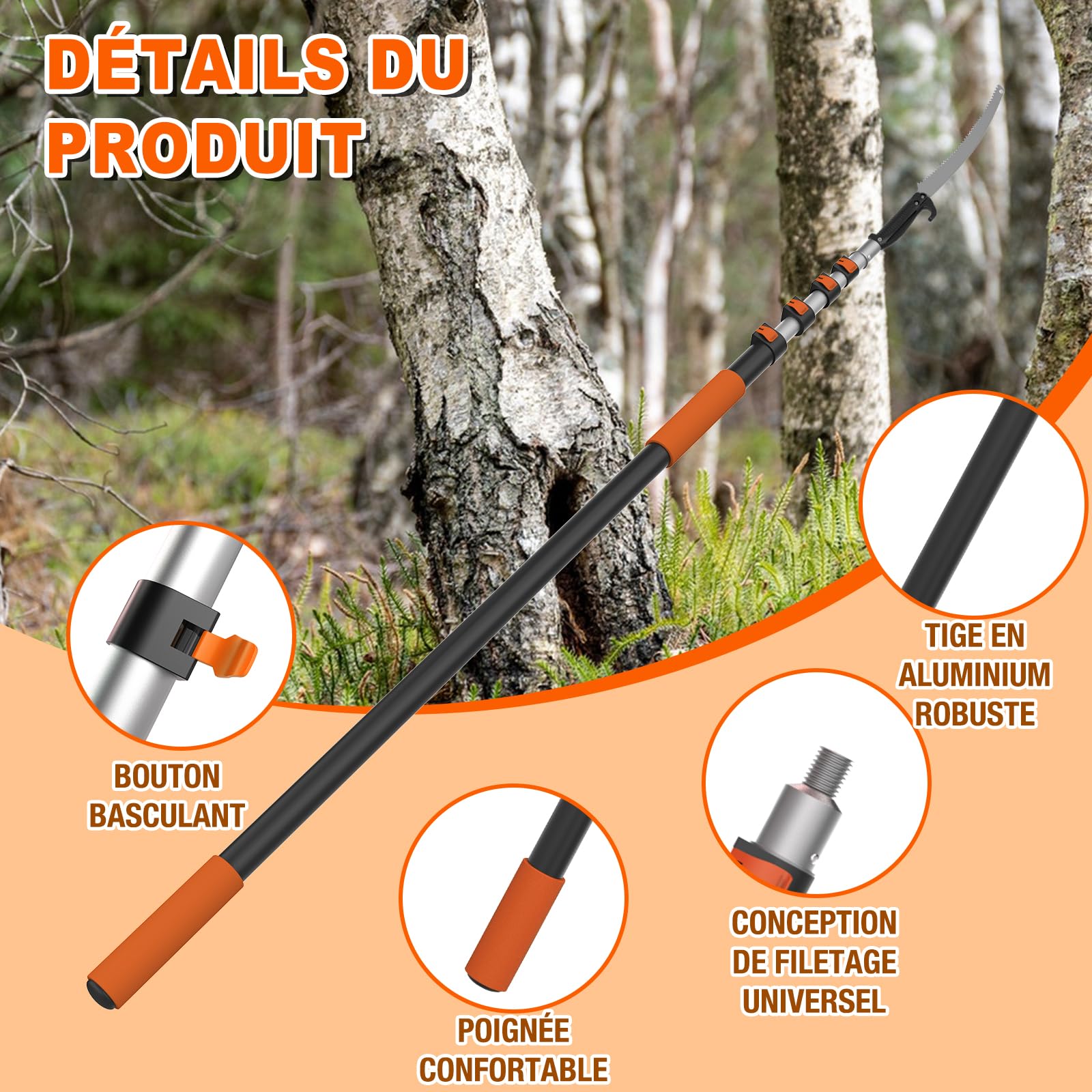 SISUPASSIE Scie Perche Télescopique 6 m, Scie d'Élagage Longue Portée Lame Professionnelle Perche Télescopique Durable, Scie Perche Manuelle Spécialement Conçue pour la Coupe de Branches
