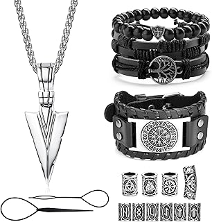 Viking Necklace for Men Viking Bracelets Set Thors Hammer Pendant Necklace Viking Beard Beads Hair Beads Braided Leather Bracelets for Men Beads Bracelets Viking Jewellery Viking Gifts