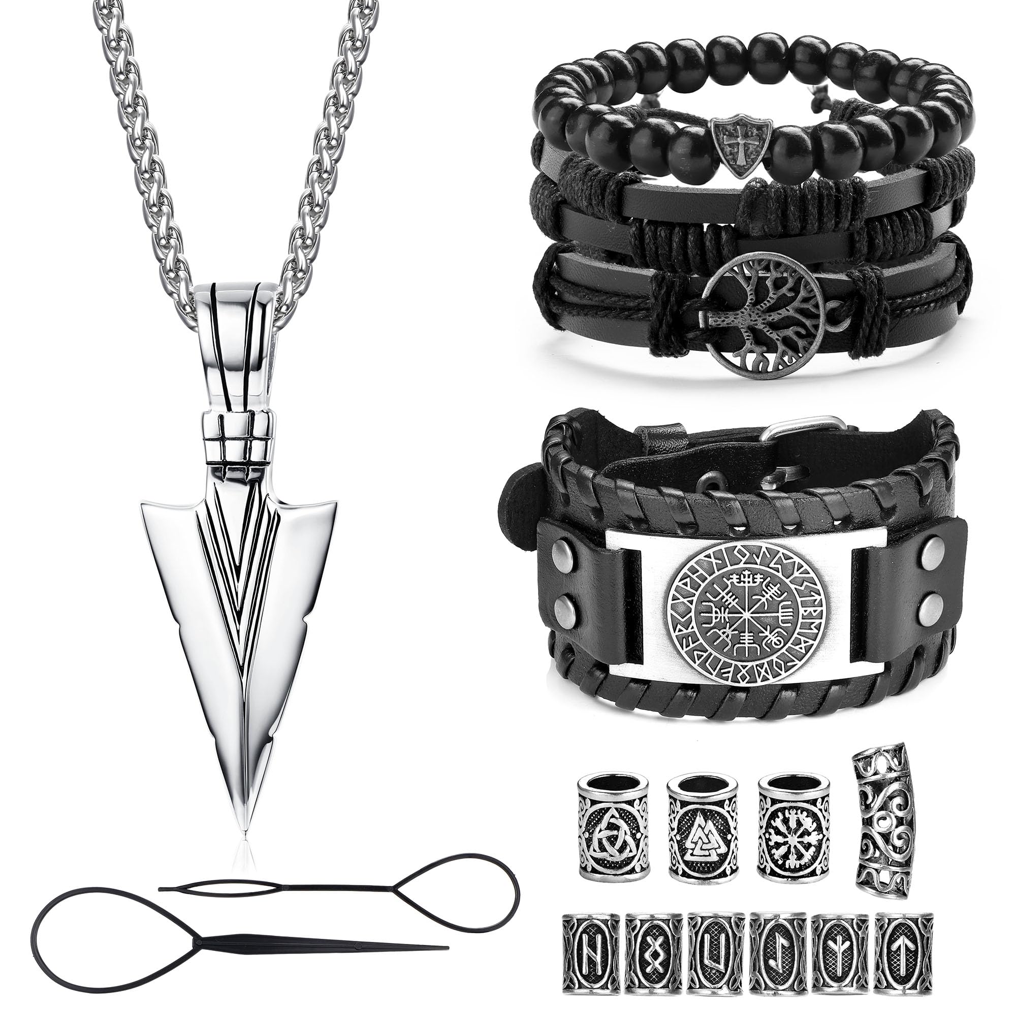 ADRAMATA Viking Ketting Viking Armbanden voor Mannen Amulet Sieraden Thors Hamer Ketting Noorse Vegvisir Viking Armband Wolf Fenrir Armband Set, Leer ADRAMATA Viking Ketting Viking Armbanden voor Mannen Amulet Sieraden Thors Hamer Ketting Noorse Vegvisir Viking Armband Wolf Fenrir Armband Set, Leer