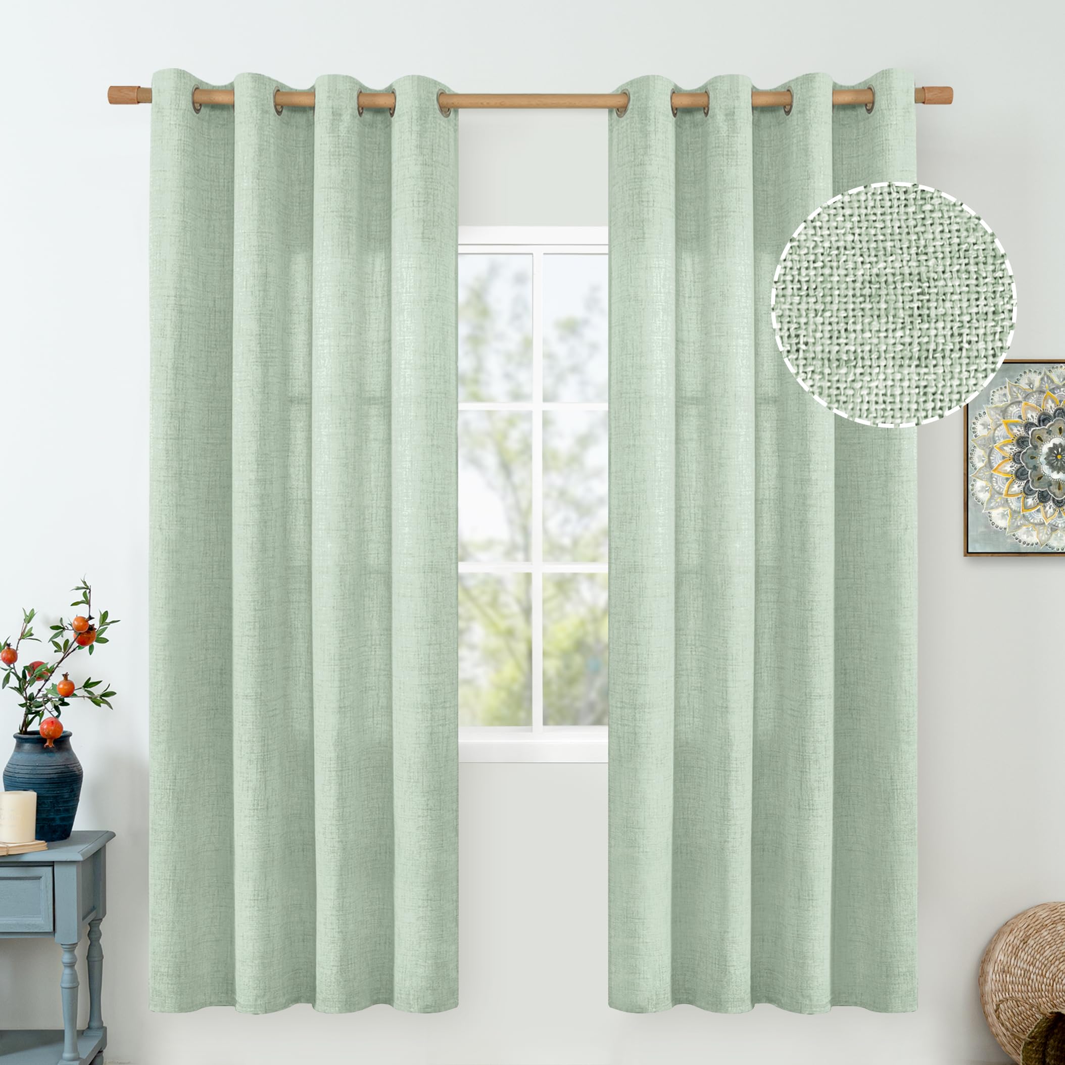 QUEMAS Linen Curtains for Bedroom 72 Inch Length 2 Panels, Burlap Curtains Light Filtering Thick Semi Sheer Non See Through Grommet Bedroom Curtains for Farmhouse, 52 Inch Wide 2 Panel, Sage Green — image 1