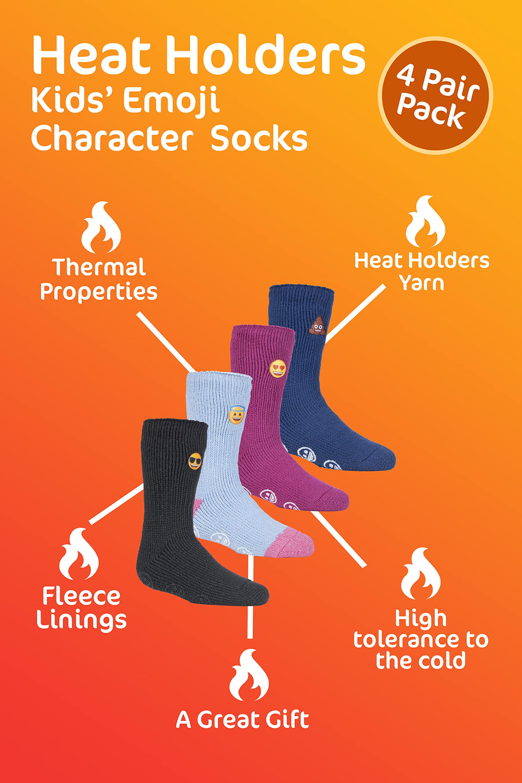 HEAT HOLDERS - Pack De 4 Pares De Calcetines Térmicos Emoji Para Niños, Tipo Zapatilla Antideslizante