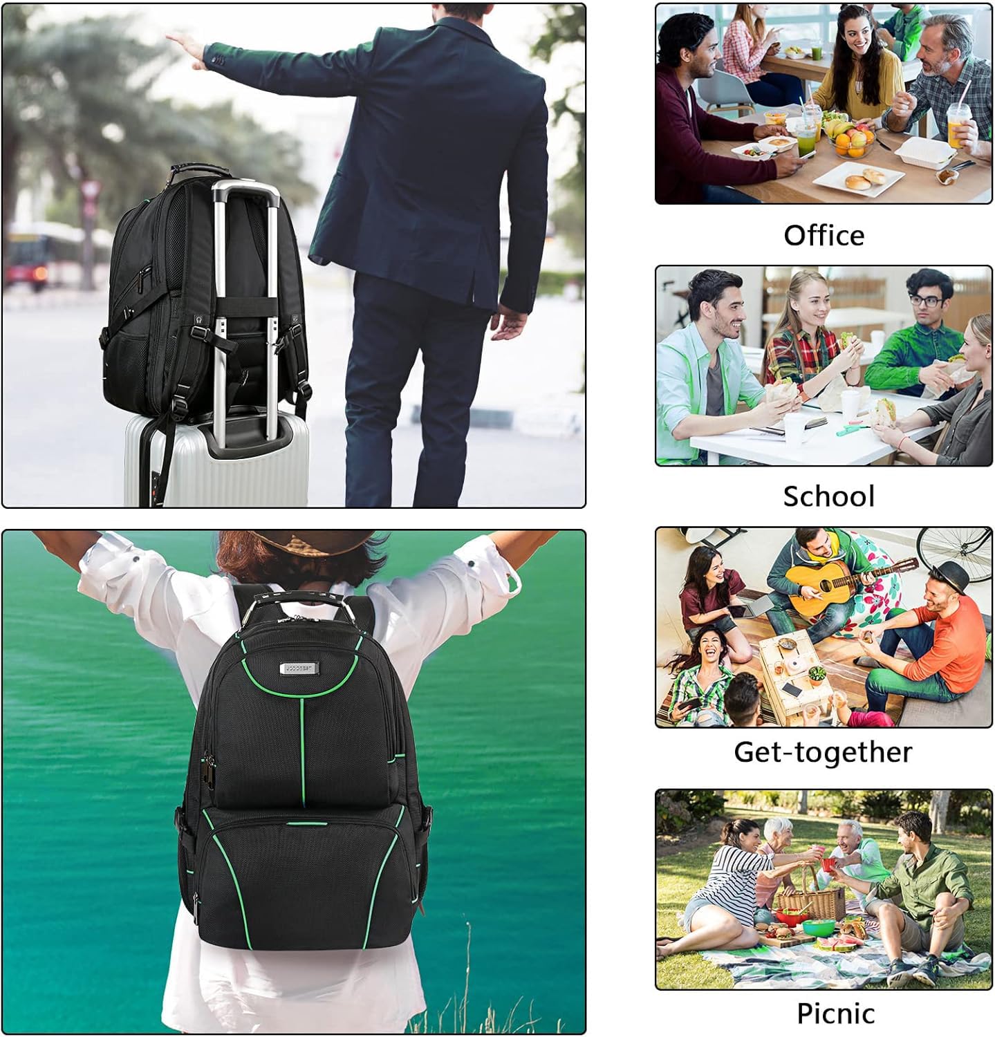 VECKUSON Zaino per computer portatile, 15,6 pollici, verde, unisex, impermeabile, porta di ricarica USB, isolato, approvato TSA, antifurto, tessuto in nylon poliestere resistente