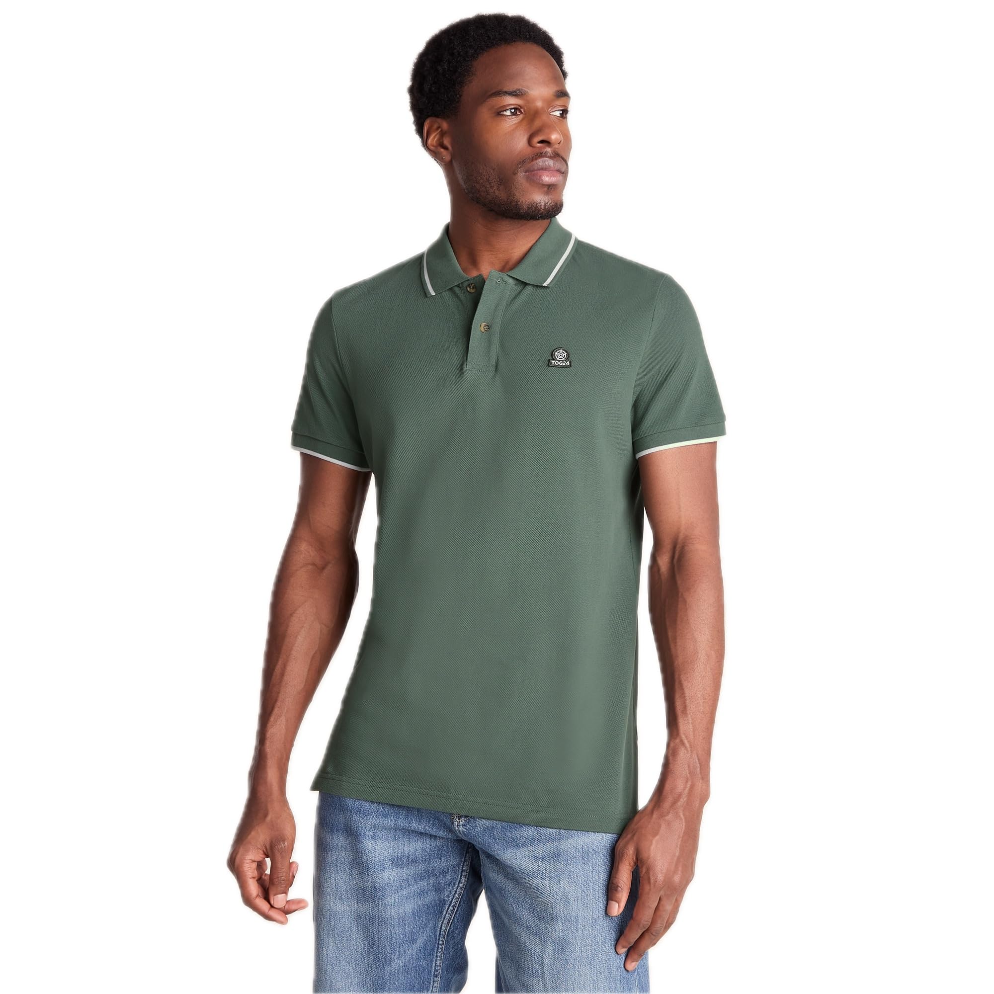 TOG24 Binsoe Men's Polo T-Shirt in 100% Sustainable Supersoft Textured Cotton Pique, Flat Knitted Ribbed Collar and Cuffs, Contrast Tipping