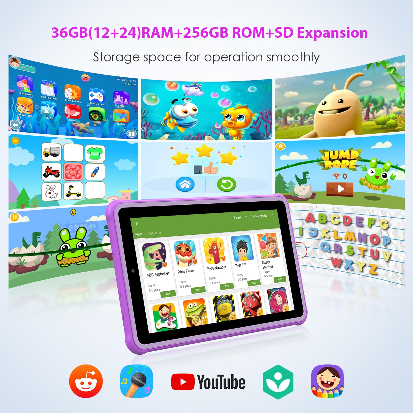 7" Tableta para niños, 36GB RAM 256GB ROM (SD Expandible), Android Kids Tablet, Control Parental, Pantalla FHD, 6580mAh, 5MP+2MP, WiFi, Bluetooth, Tableta Educativa (Pink)