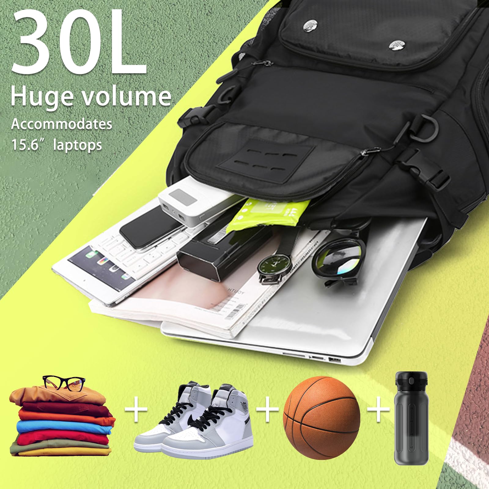 Sac à Dos de Basket-Ball, Sac à Dos avec Compartiment Ballon, Compartiment Chaussures, Capacité 30L, Léger et Respirant, pour Hommes et Femmes Adolescents, Basketball, Football, Noir