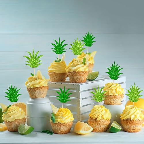 Miniatura 6 de Gyufise Paquete de 24 adornos para cupcakes de piña con purpurina y hojas de dona para cupcakes tropicales hawaianos con temática de Luau para baby