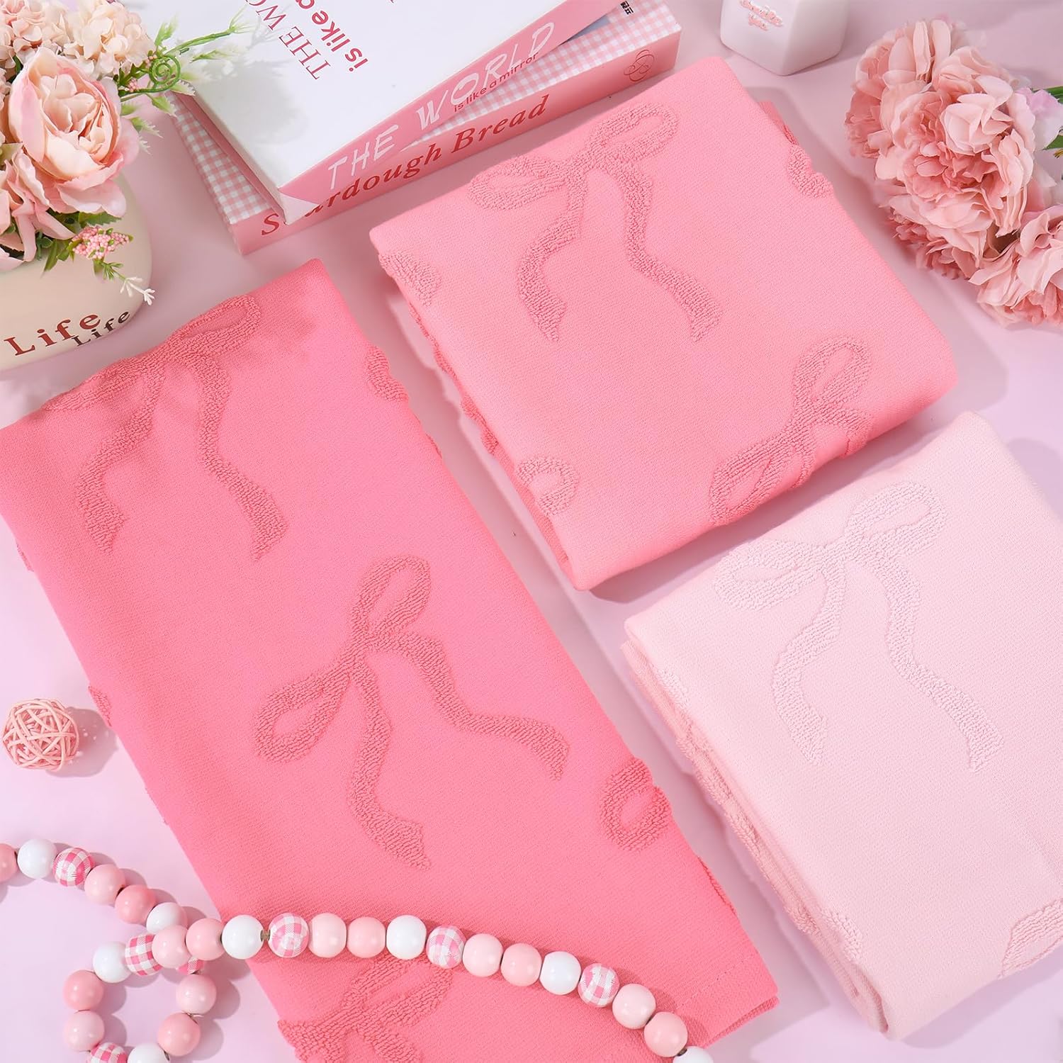 Whaline 3Pcs Valentine's Day Pink Bow Hand Towel 3D Jacquard Cotton Towel Absorbent Coquette Dish Towels for Home Kitchen Bathroom, 13.8 x 29.5 Inch
