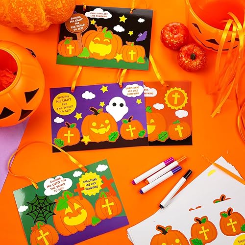 Miniatura 4 de Peryiter Juego de 24 kits de manualidades de calabaza religiosa de Halloween para niños, calabaza cristiana con telaraña, Biblia, murciélago,