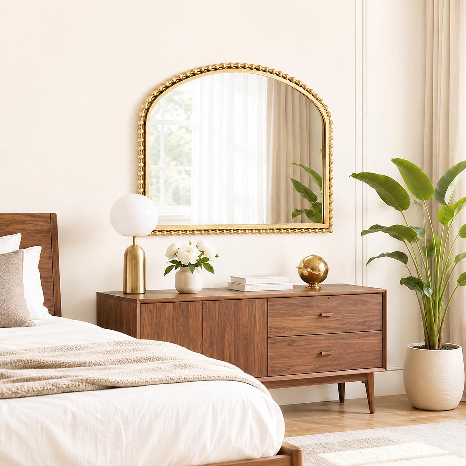 36x28 Inch Wide Arched Wall Mirror with Bold Antique Gold Beaded Frame, Decorative Mantel Mirror for Fireplace or Entryway, Horizontal Hanging Statement Mirror for Living Room Wall Decor