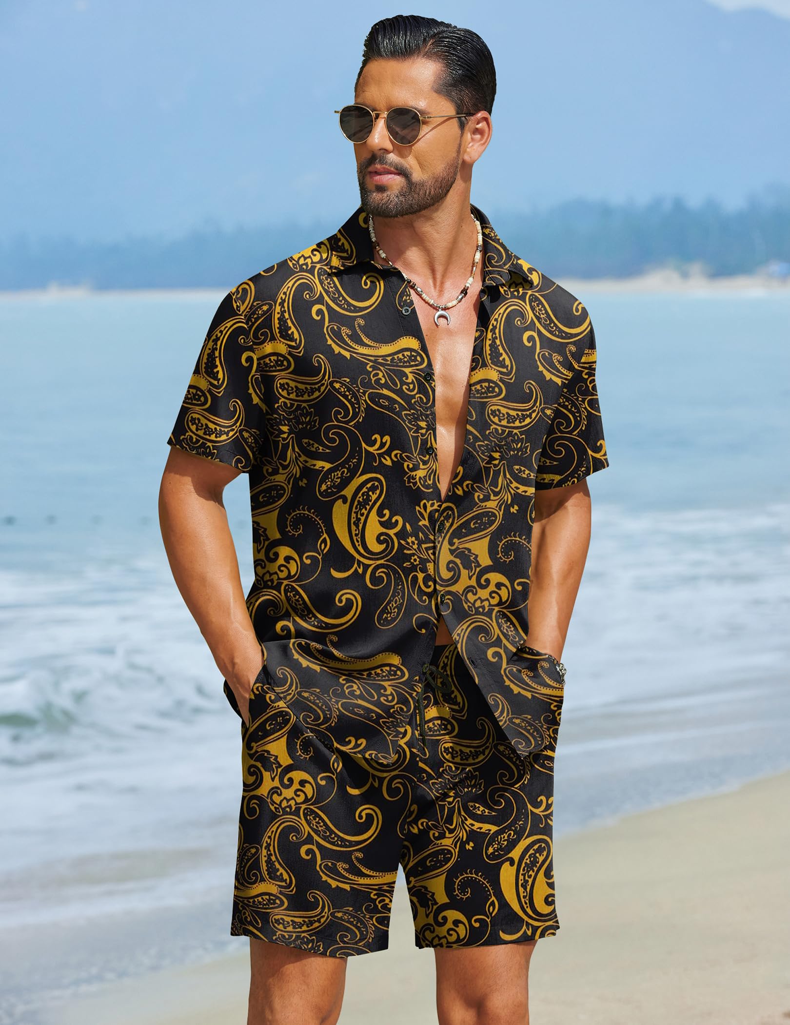 COOFANDY Set da uomo hawaiano da spiaggia, 2 pezzi, camicie e pantaloncini con fiori