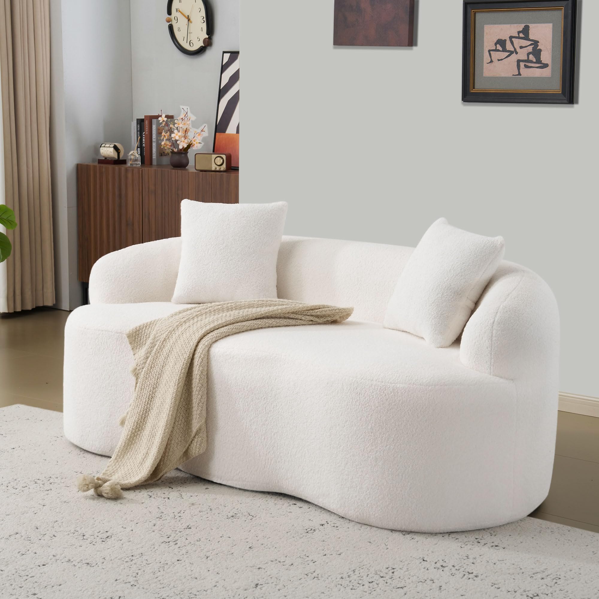 2 Sitzer Sofa 170 cm, geschwungenes Loveseat Sofa mit runden Armlehnen und 2 Kissen, kleines Sofa für Wohnzimmer, Schlafzimmer oder Büro, weiche Couch, montagefrei,(Weiß)