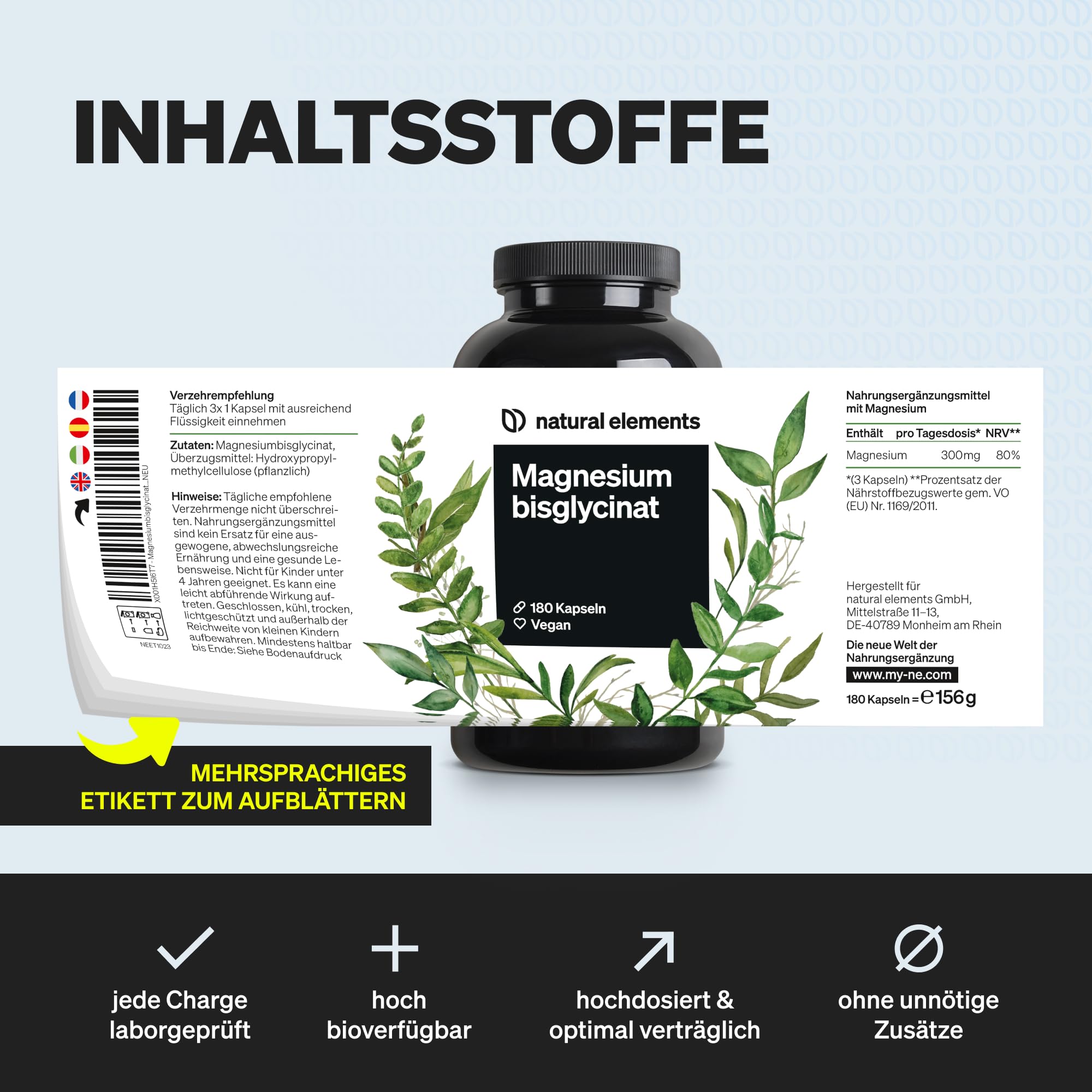 natural elements Magnesium Bisglycinat - Premium: Chelatiertes Magnesium - 180 Kapseln - 300mg elementares Magnesium pro Tagesdosis - Laborgeprüft, vegan, hochdosiert