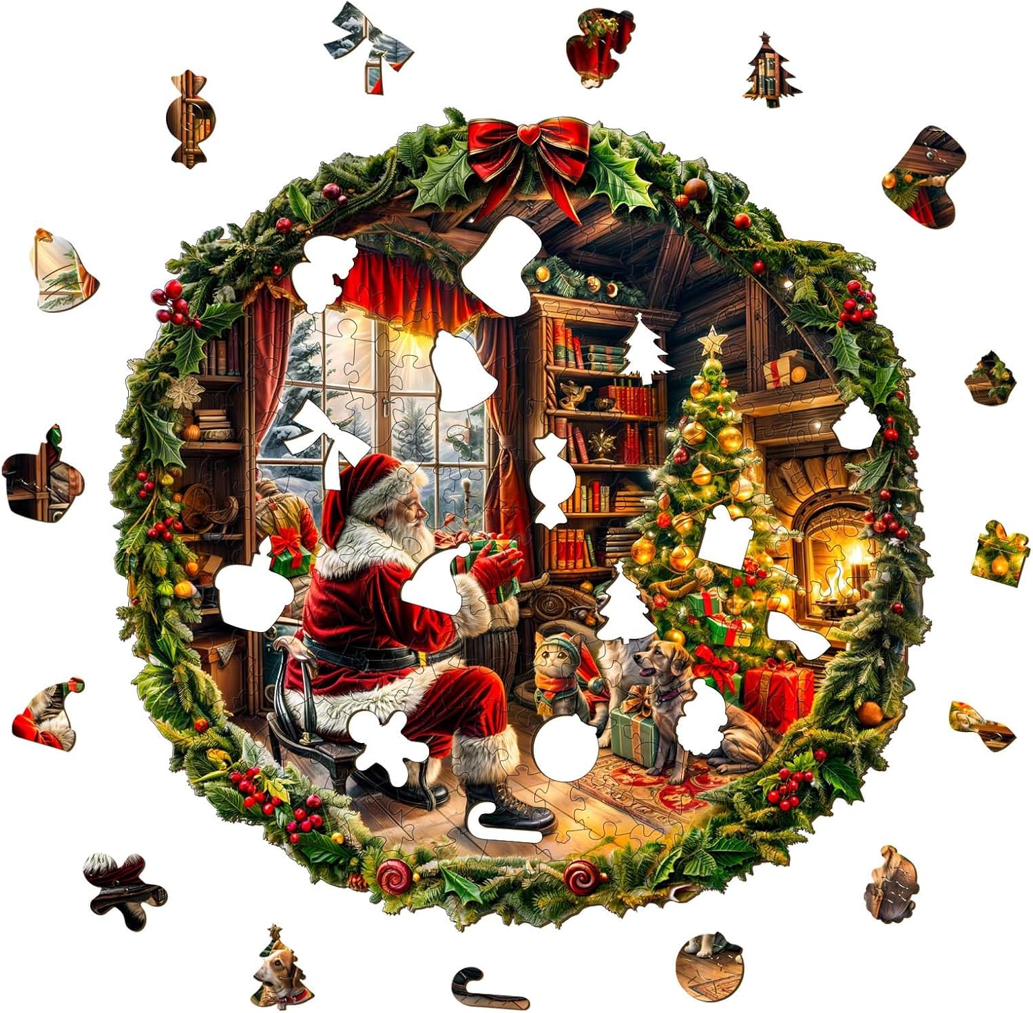 KAAYEE Wooden Puzzles for Adults, Santa Jigsaw Puzzles, 200 Piece Unique Shape Puzzle, Creative Gifts for Adults/Friends/Family, Family Game，Christmas Decor(11.4 * 11.4in)