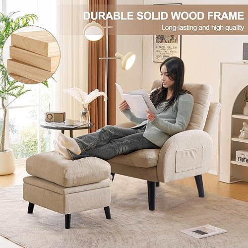 Miniatura 46 de Silla decorativa con respaldo ajustable otomano, silla de sala de estar tapizada con juego de reposapiés, silla moderna, acogedora silla reclinable