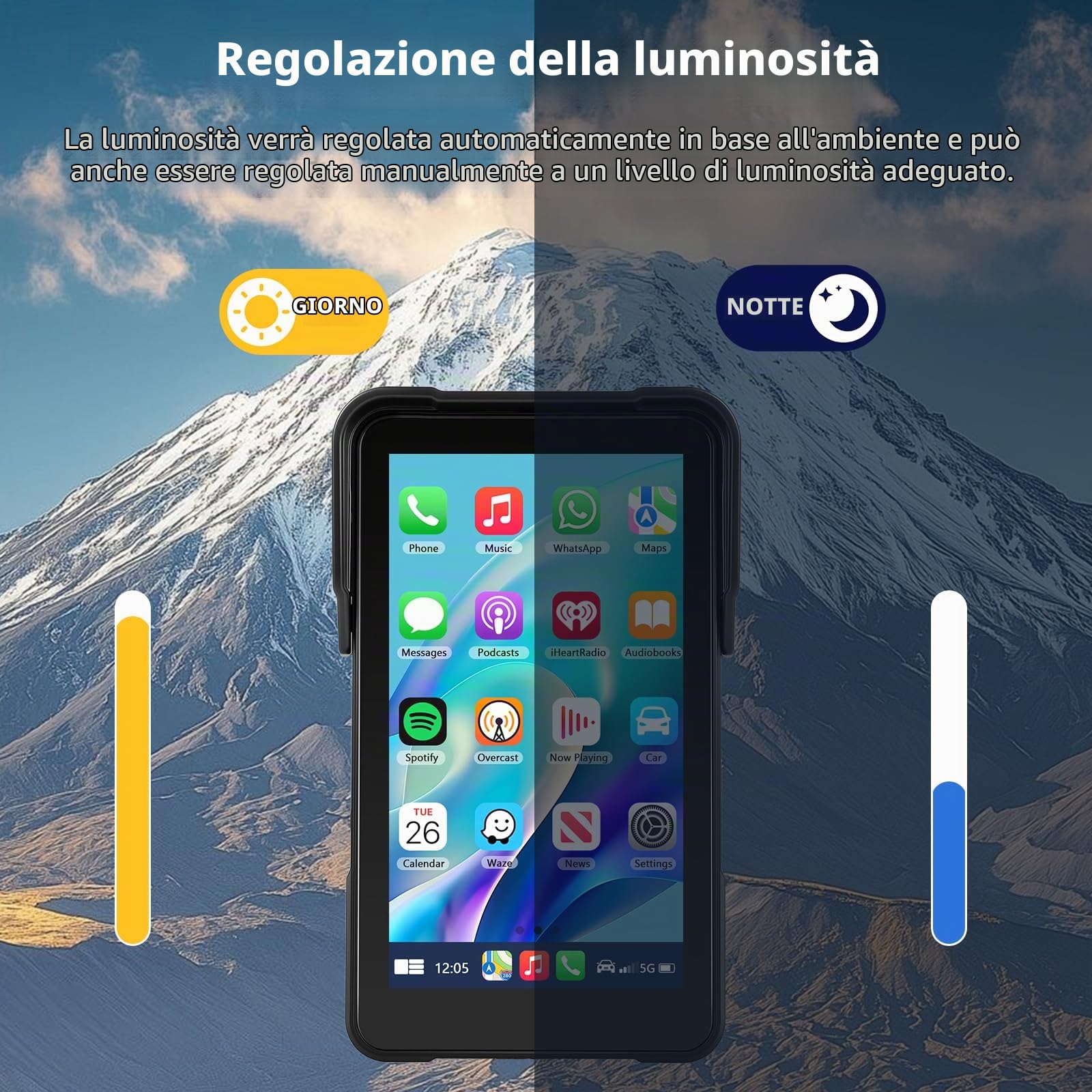 5 Pollici Schermo Carplay per Moto con Senza Fili CarPlay e Android Auto, Impermeabile Touchscreen, Doppio Bluetooth, Navigazione GPS, Siri/G00gle Assistente, Plug-and-Play