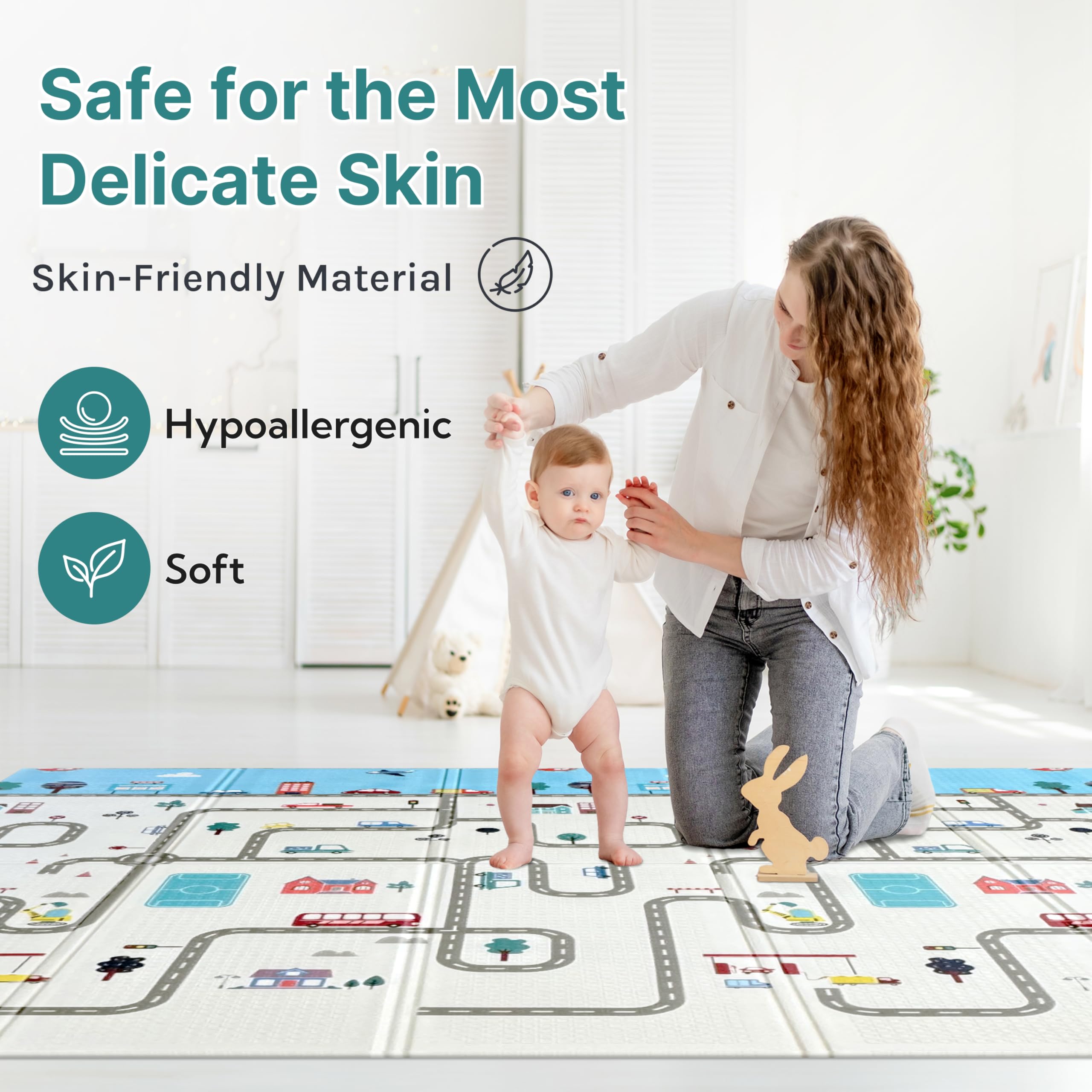 Wiltology playmat, Foldable Baby Play Mat, Extra Large, Non-Toxic, Waterproof Activity Playmats for Babies, Education for Infant, Non-Slip Double Sided (79”x71” 0.4in Milky) Boys and Girls