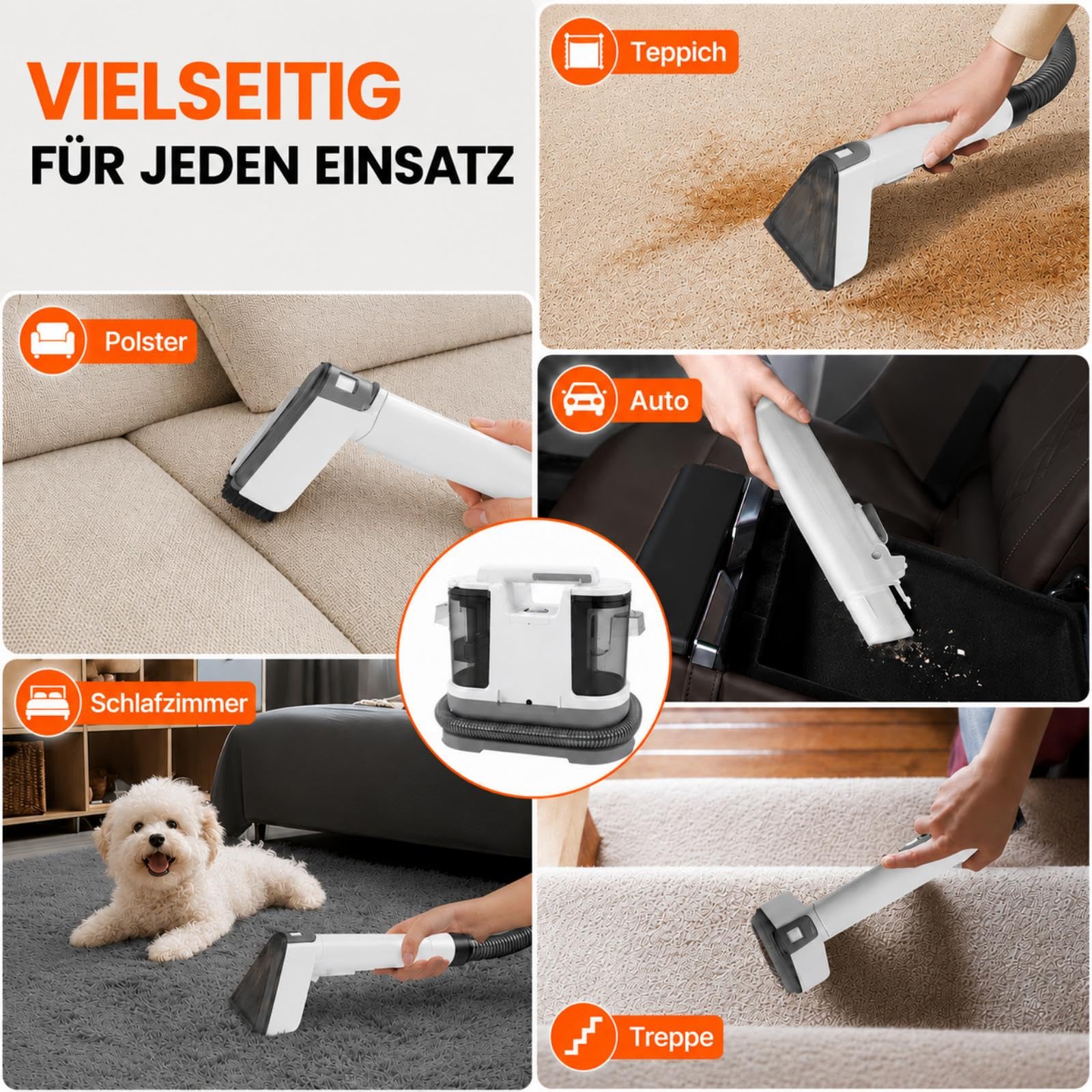 Polsterreiniger Gerät Nasssauger Waschsauger, 450W Waschsauger Teppichreiniger, 12Kpa Polsterreiniger Gerät Mit Tierhaarbürste für Sofa, Teppich, Polster Autositze und Treppen
