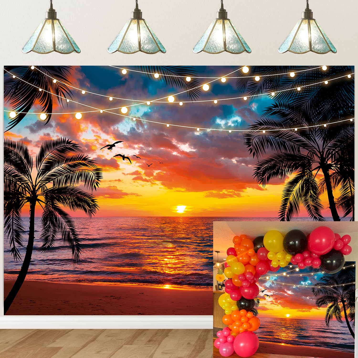 Sunset Beach Backdrop Seaside Palm Tree Photography Background Summer Tropical Hawaii Scenery Banner for Aloha Luau Wedding Holiday Birthday Party