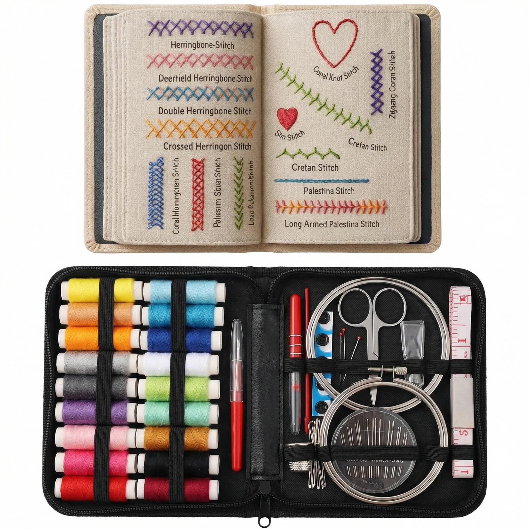 FeiatPogra 86 PCS Embroidery Kit for Beginners with Embroidery Stitch Book, Embroidery Frame, Embroidery Threads, Thimble and Magnifier, Beginner Embroidery Kit Sewing Tools Set