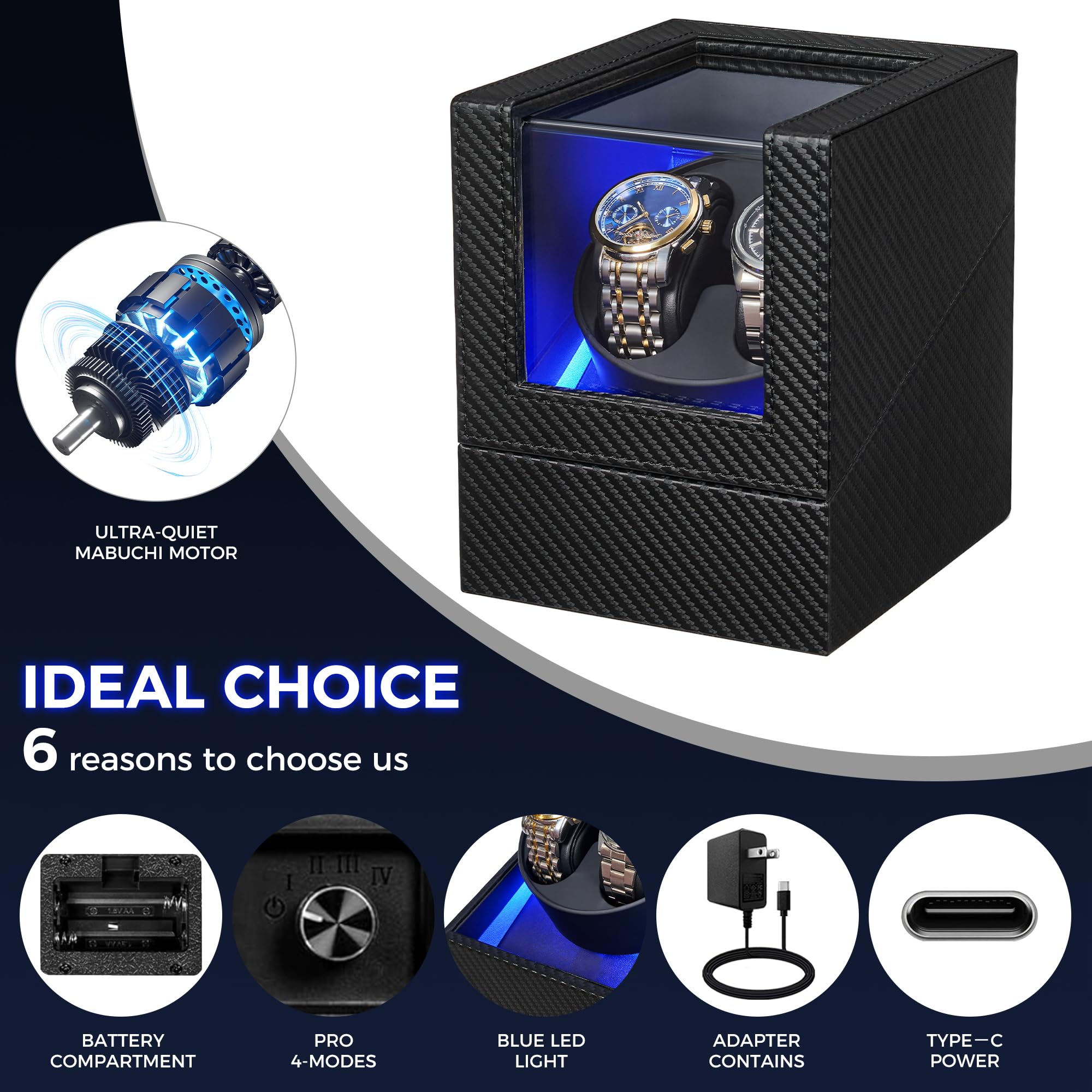 BEWISHOME Remontoir Montre Automatique, Double Remontoir avec éclairage LED 4 Modes, boîte Montre Automatique avec Moteur Japonais Silencieux, Adaptateur de Type C ou Alimentation par Piles, ESYQ02C